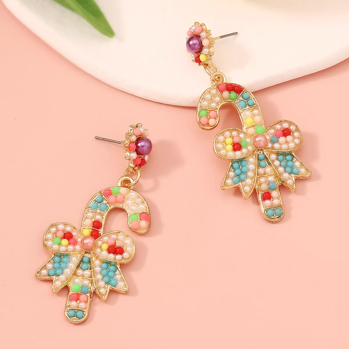 Christmas Candy Cane Bow Drop Earrings - Image 3
