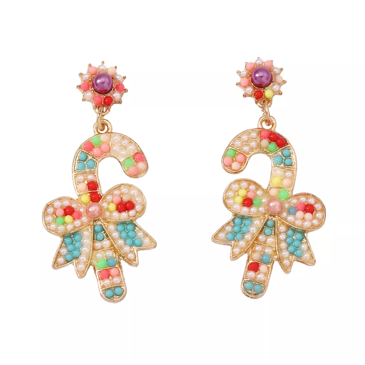 Christmas Candy Cane Bow Drop Earrings - Image 4