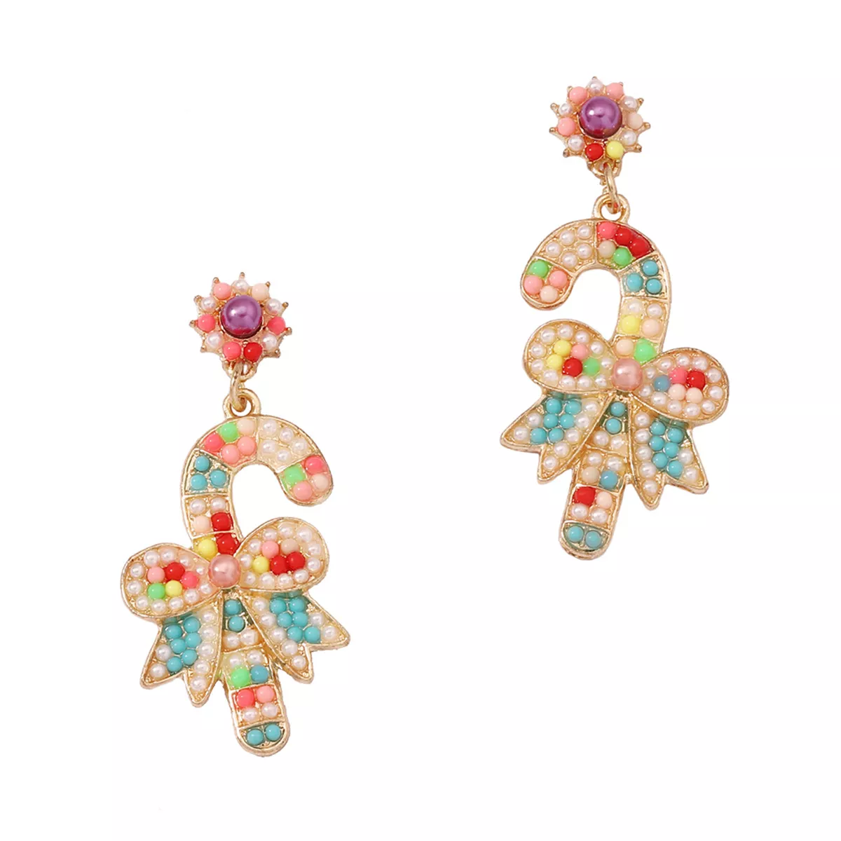Christmas Candy Cane Bow Drop Earrings - Image 5