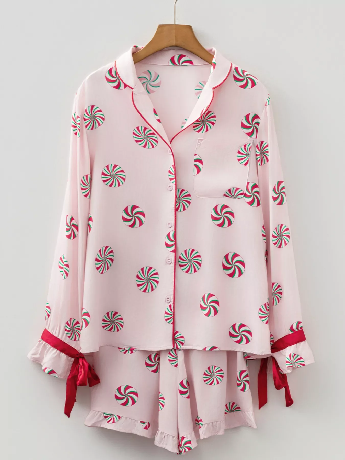 Christmas Candy Contrast Trim Bow Knot Top and Shorts 2pcs Pajama Set - Image 2