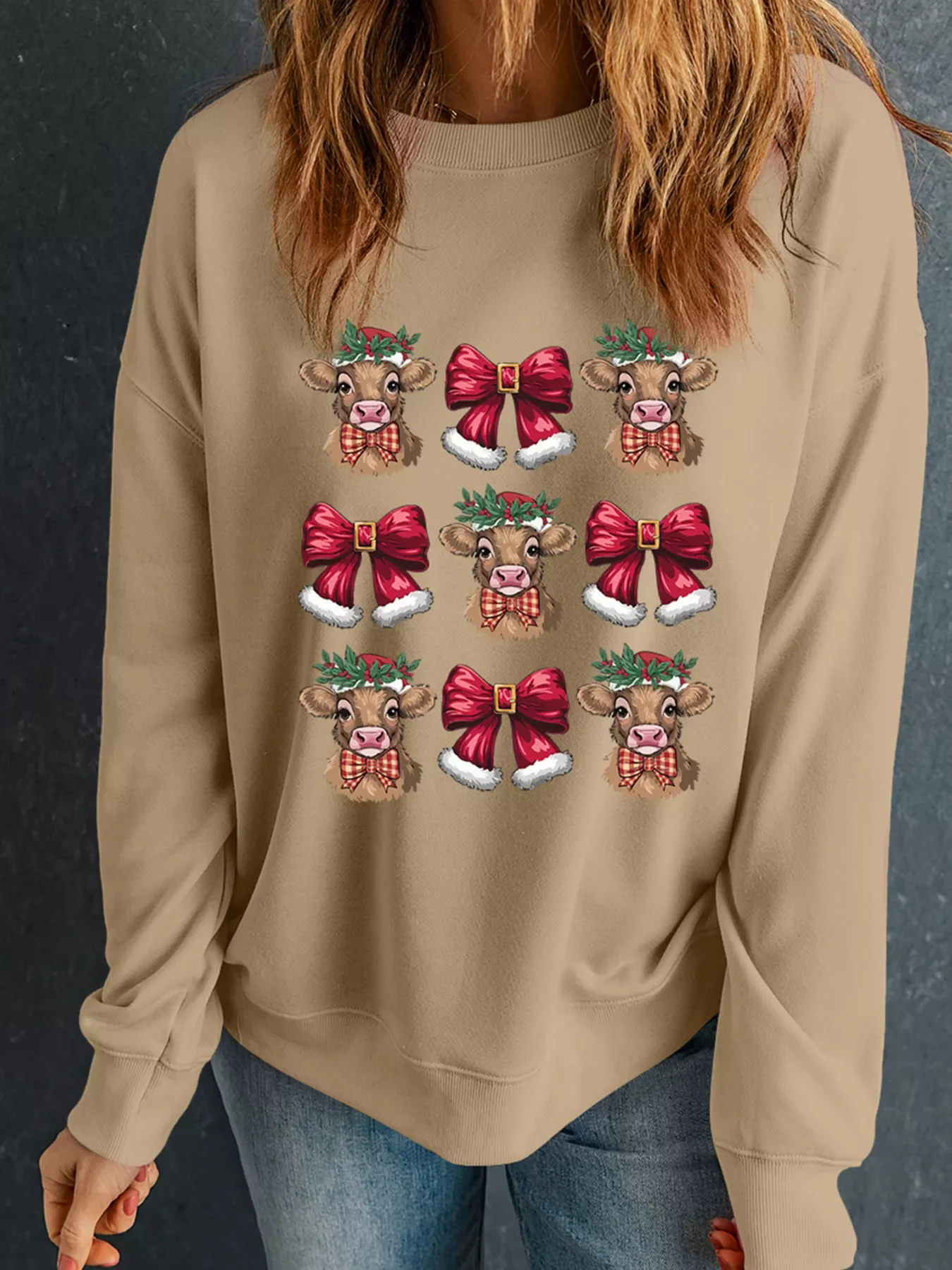 Christmas Heifer Bow Knot Print Casual Sweatshirt - Image 4