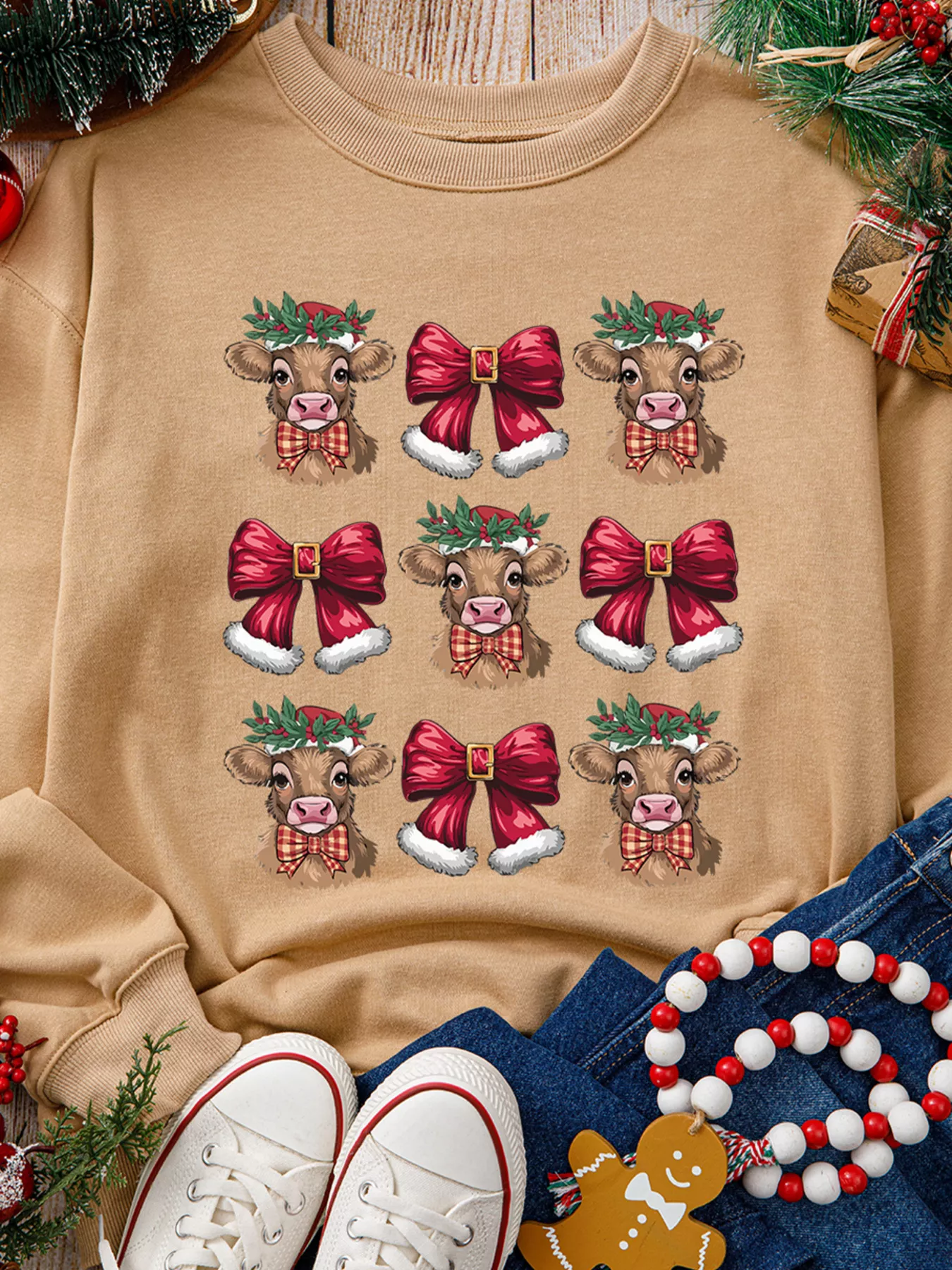 Christmas Heifer Bow Knot Print Casual Sweatshirt - Image 5