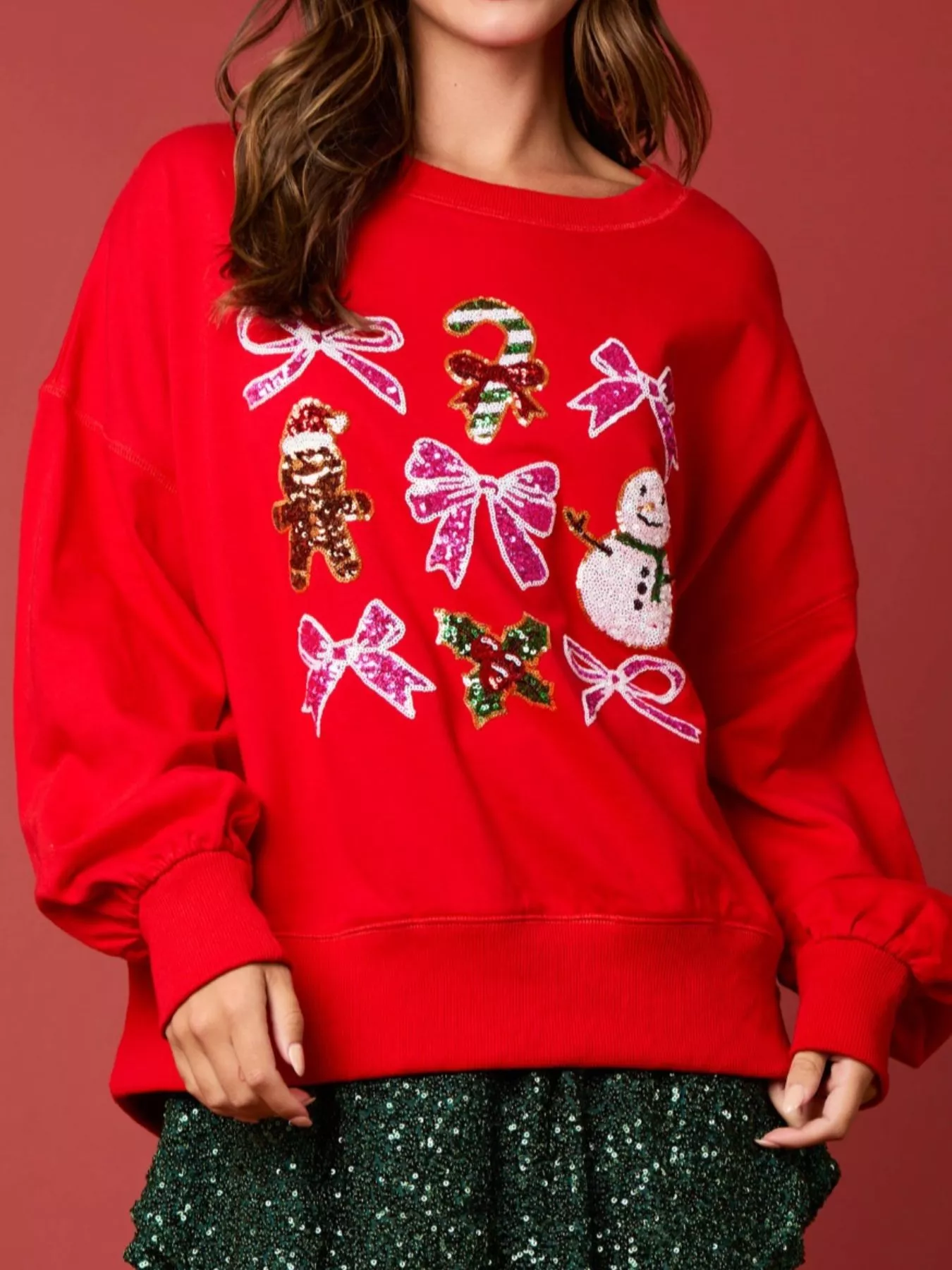 Christmas Sequin Bow Round Neck Sweatshirt - Image 10