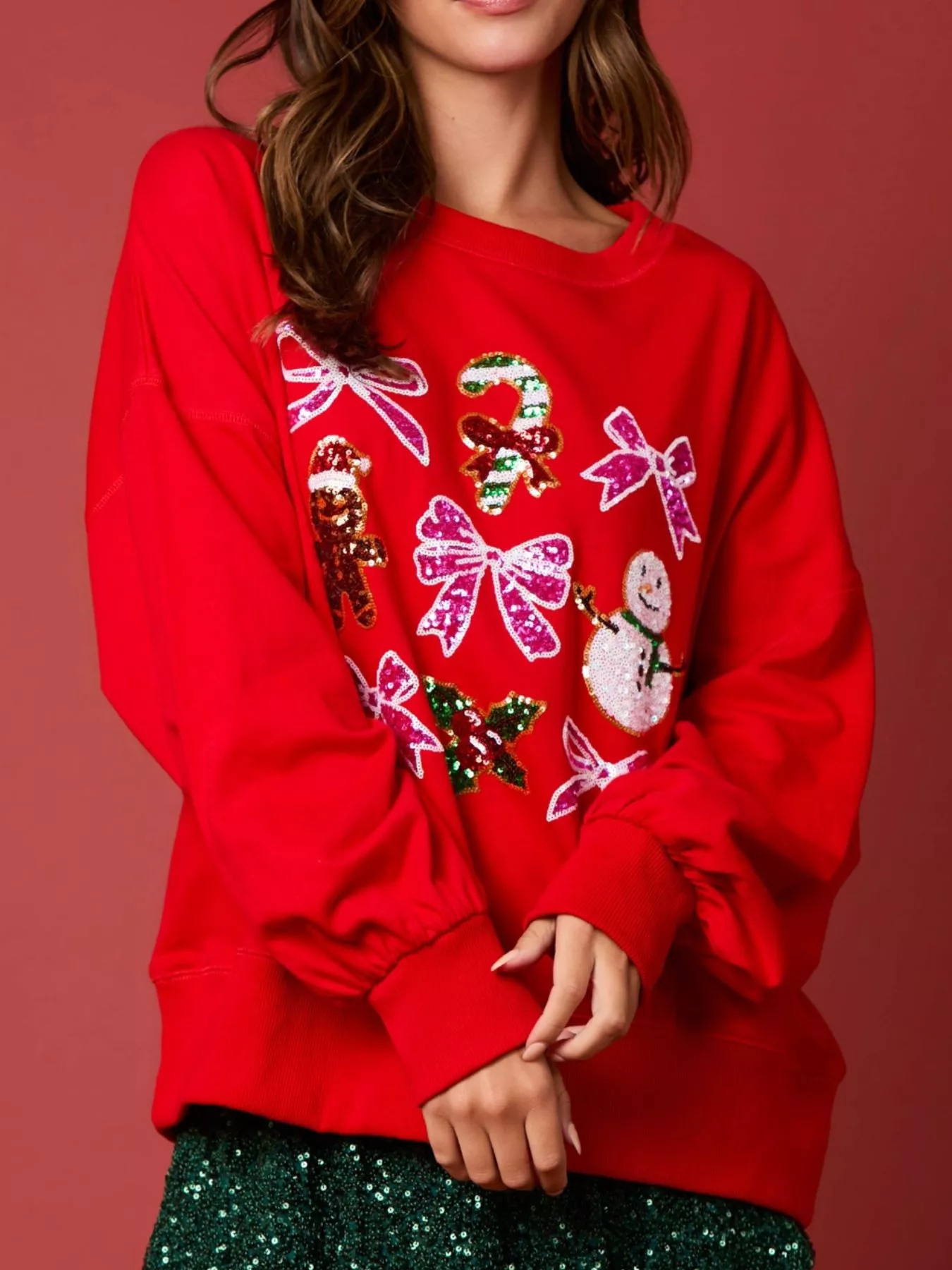 Christmas Sequin Bow Round Neck Sweatshirt - Image 11