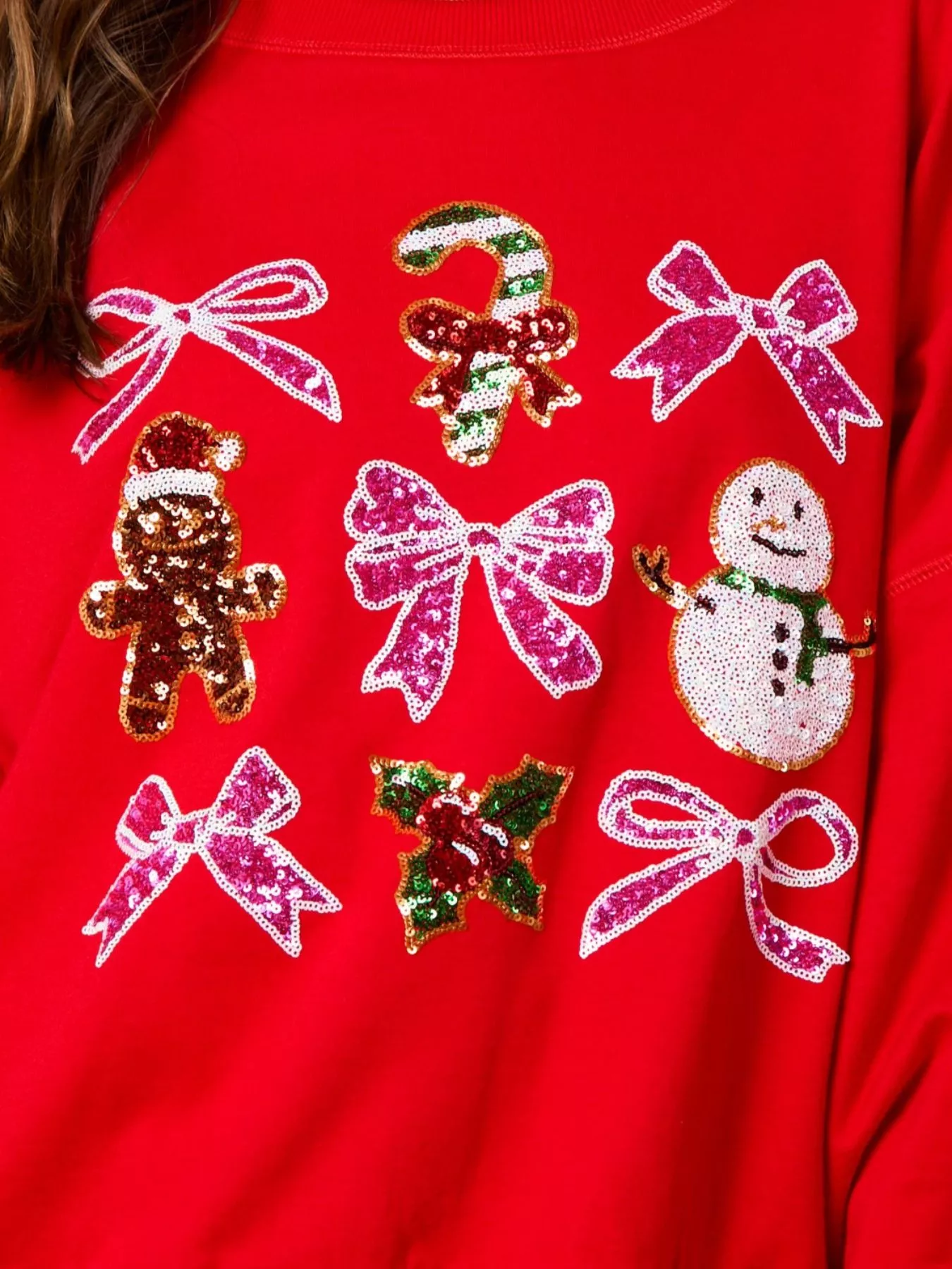 Christmas Sequin Bow Round Neck Sweatshirt - Image 12