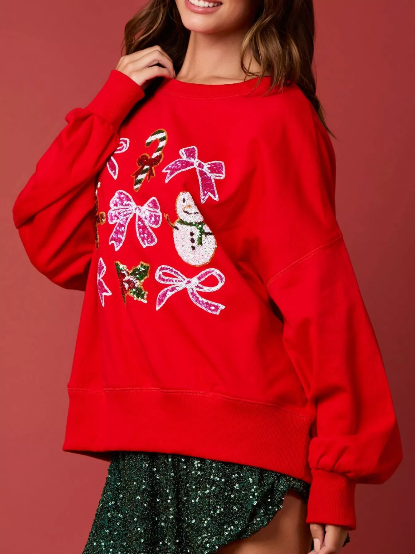 Christmas Sequin Bow Round Neck Sweatshirt - Image 13
