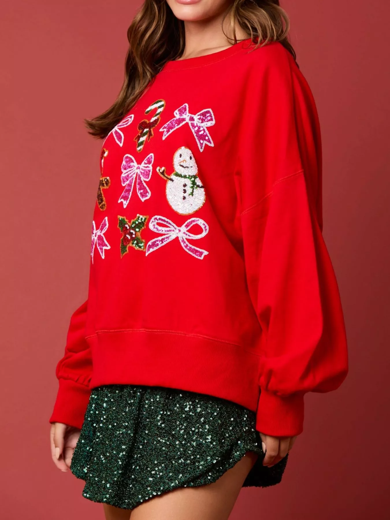 Christmas Sequin Bow Round Neck Sweatshirt - Image 14