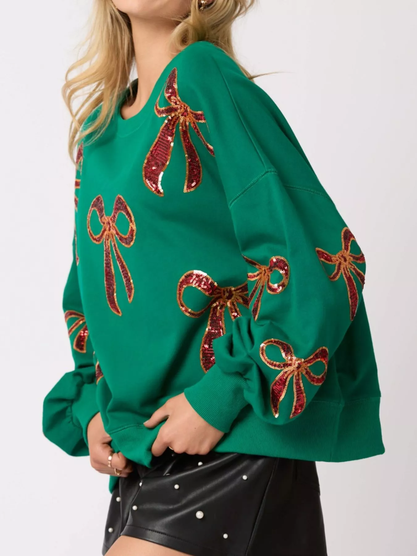 Christmas Sequin Bow Round Neck Sweatshirt - Image 2