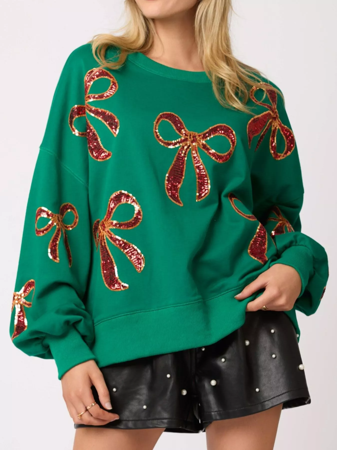 Christmas Sequin Bow Round Neck Sweatshirt - Image 3