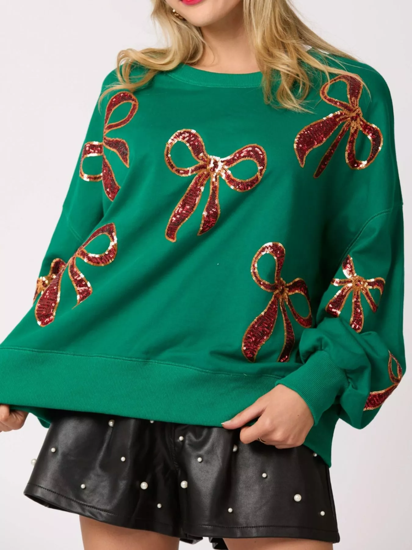Christmas Sequin Bow Round Neck Sweatshirt - Image 4