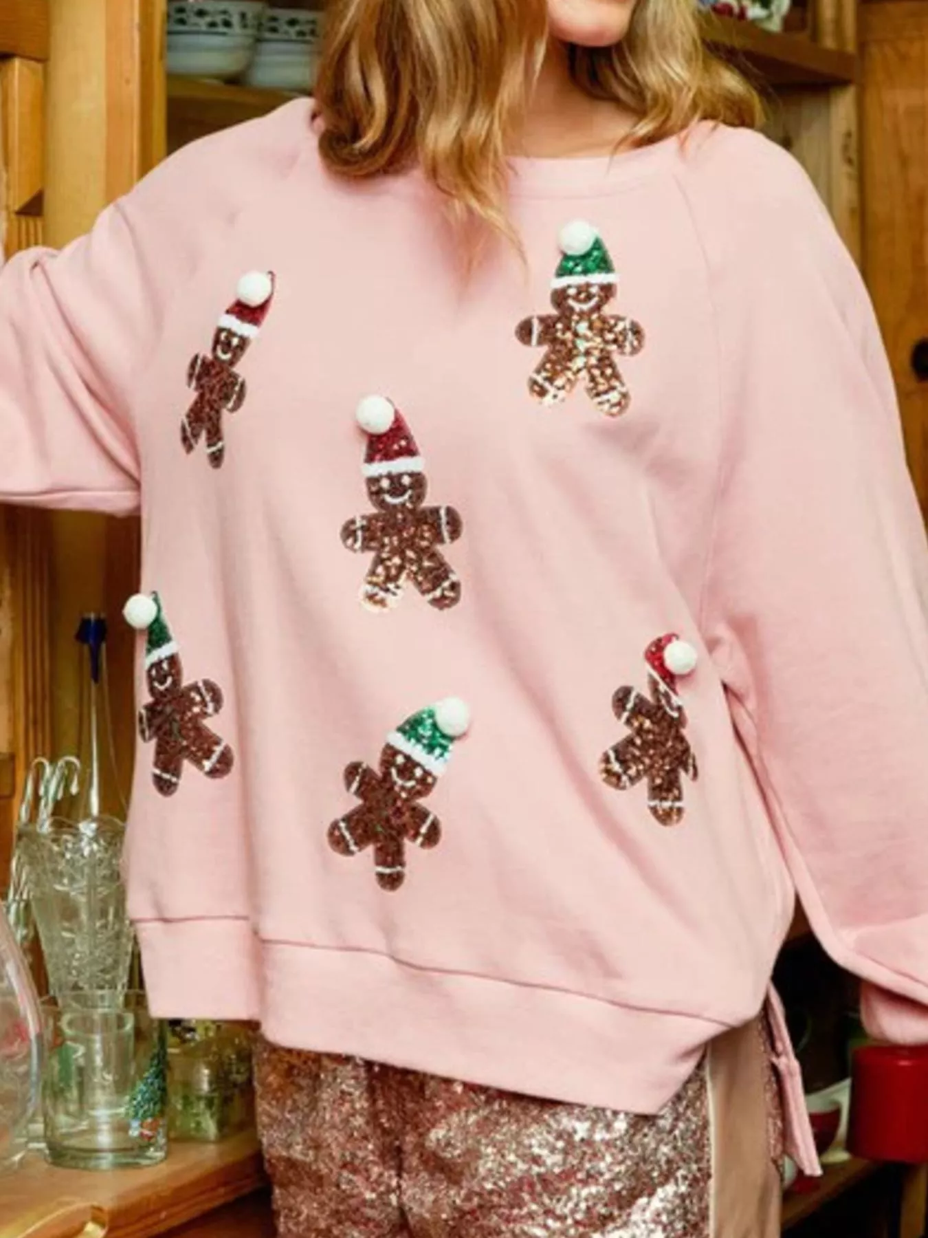 Christmas Sequin Gingerbread Round Neck Sweatshirt - Image 5