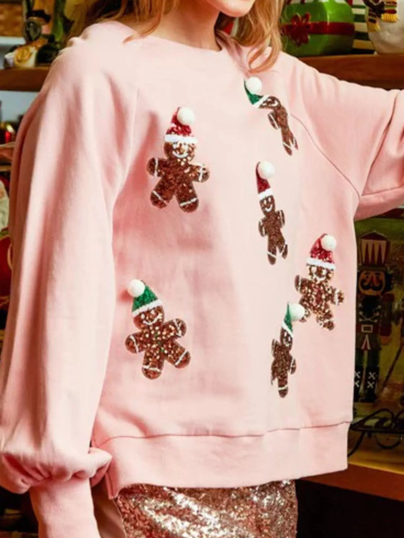 Christmas Sequin Gingerbread Round Neck Sweatshirt - Image 6