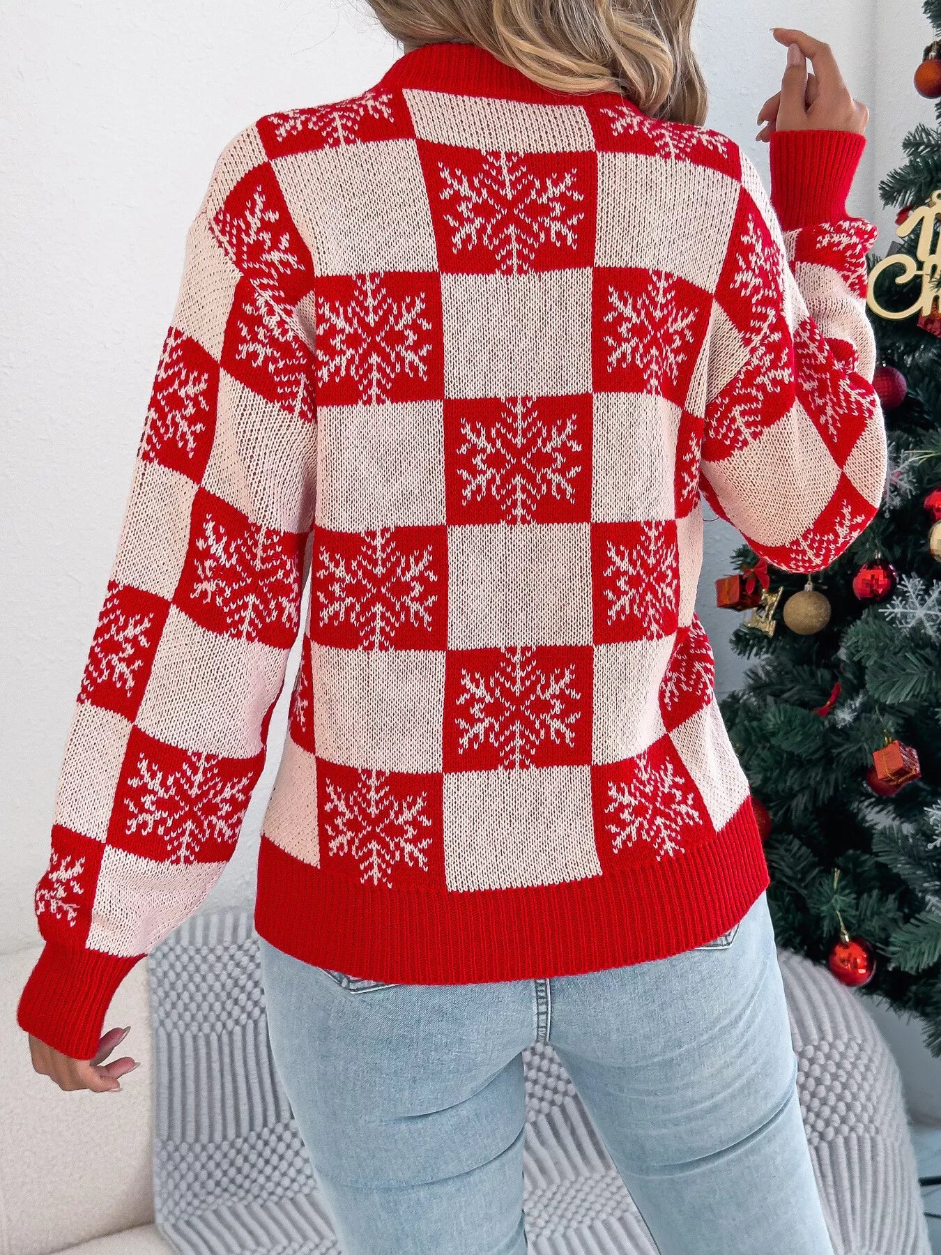 Christmas Snowflake Checkered Round Neck Sweater - Image 14