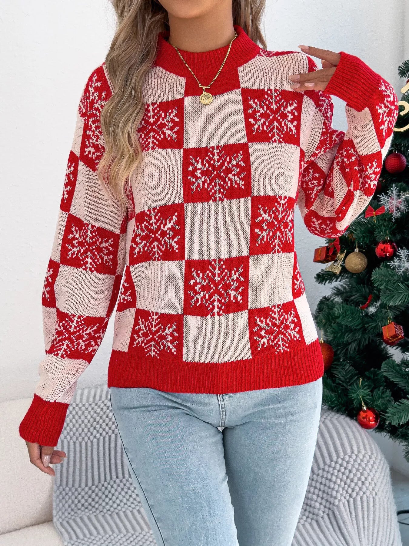 Christmas Snowflake Checkered Round Neck Sweater - Image 17