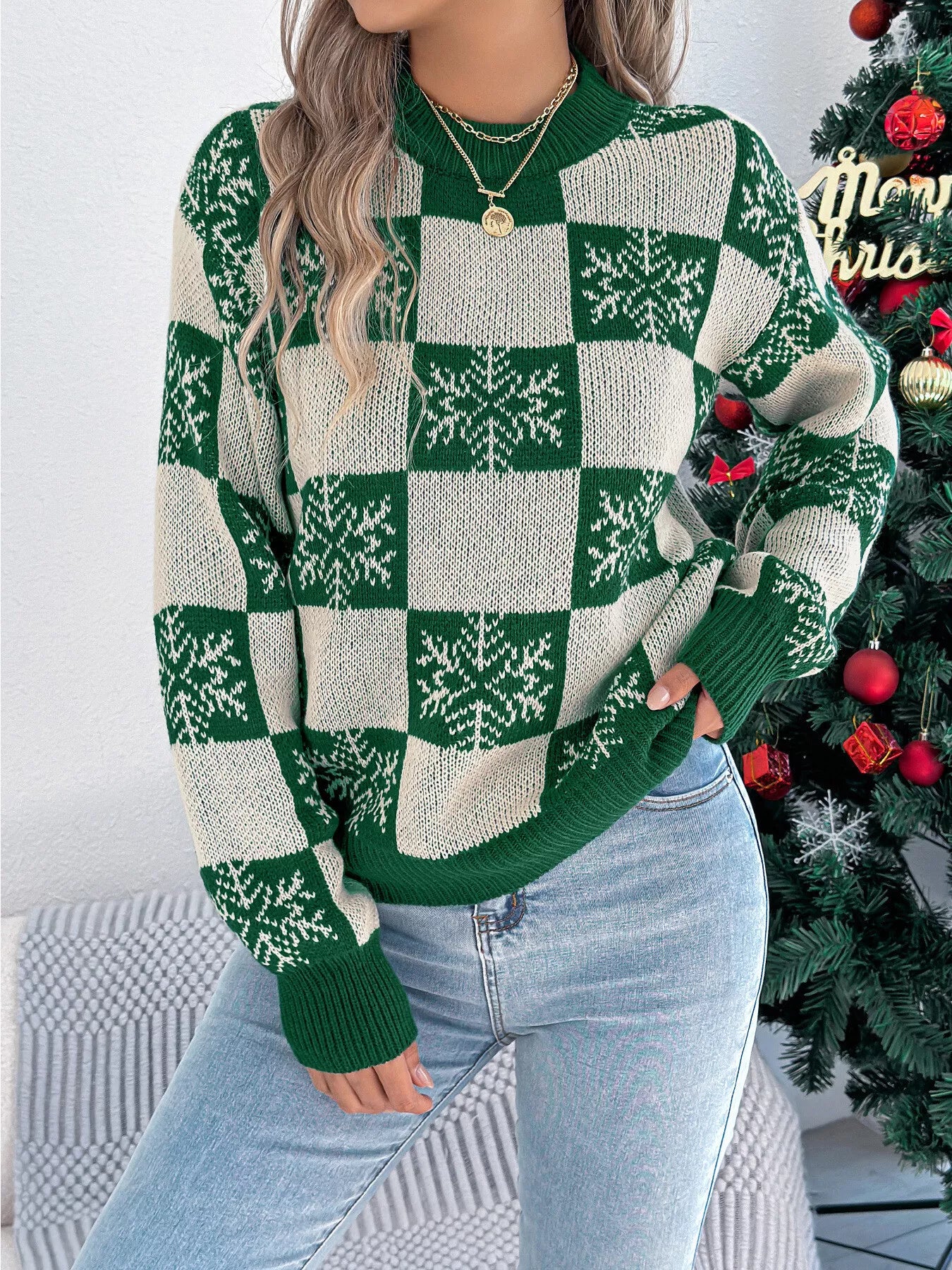 Christmas Snowflake Checkered Round Neck Sweater - Image 2