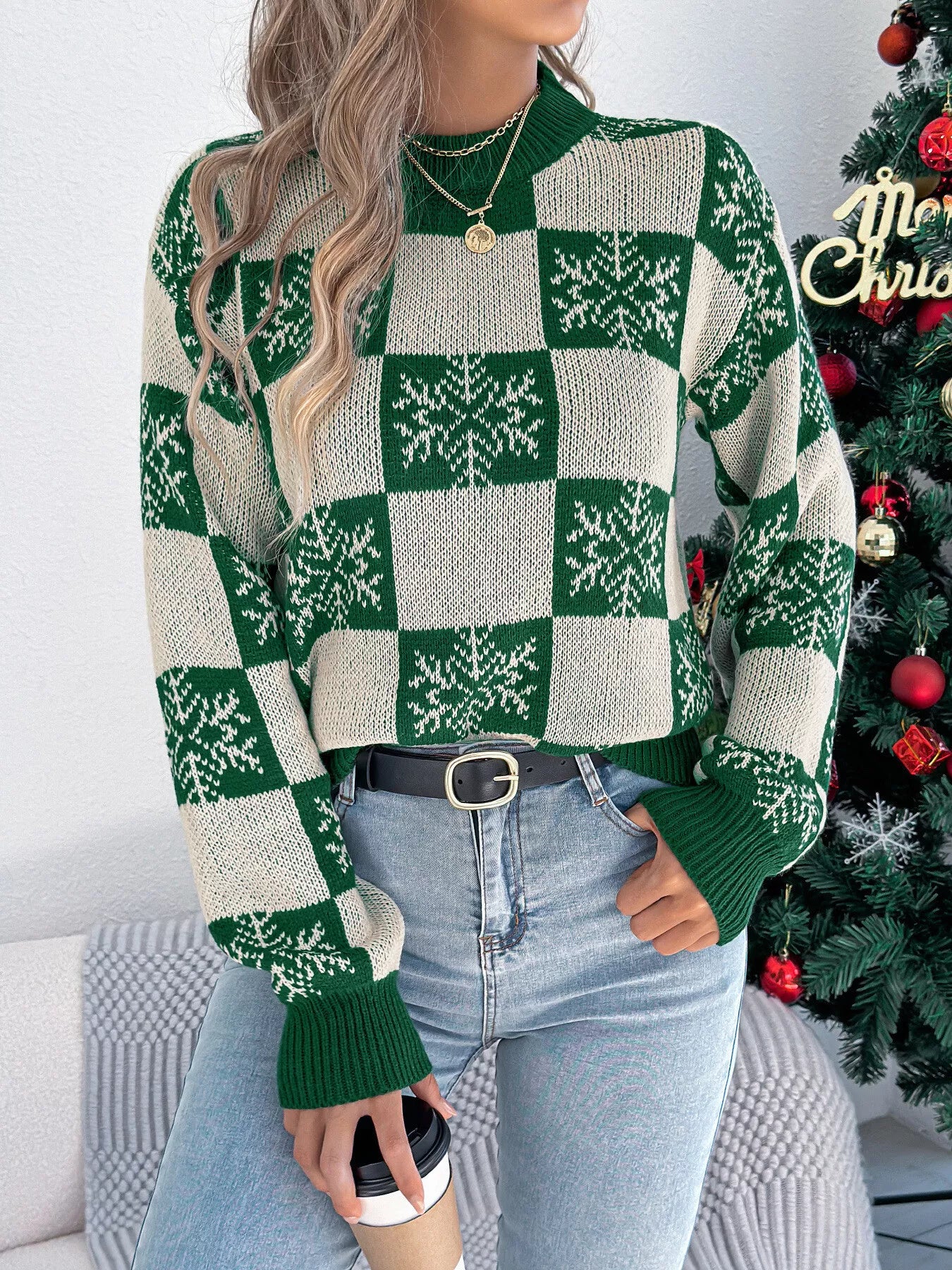 Christmas Snowflake Checkered Round Neck Sweater - Image 5