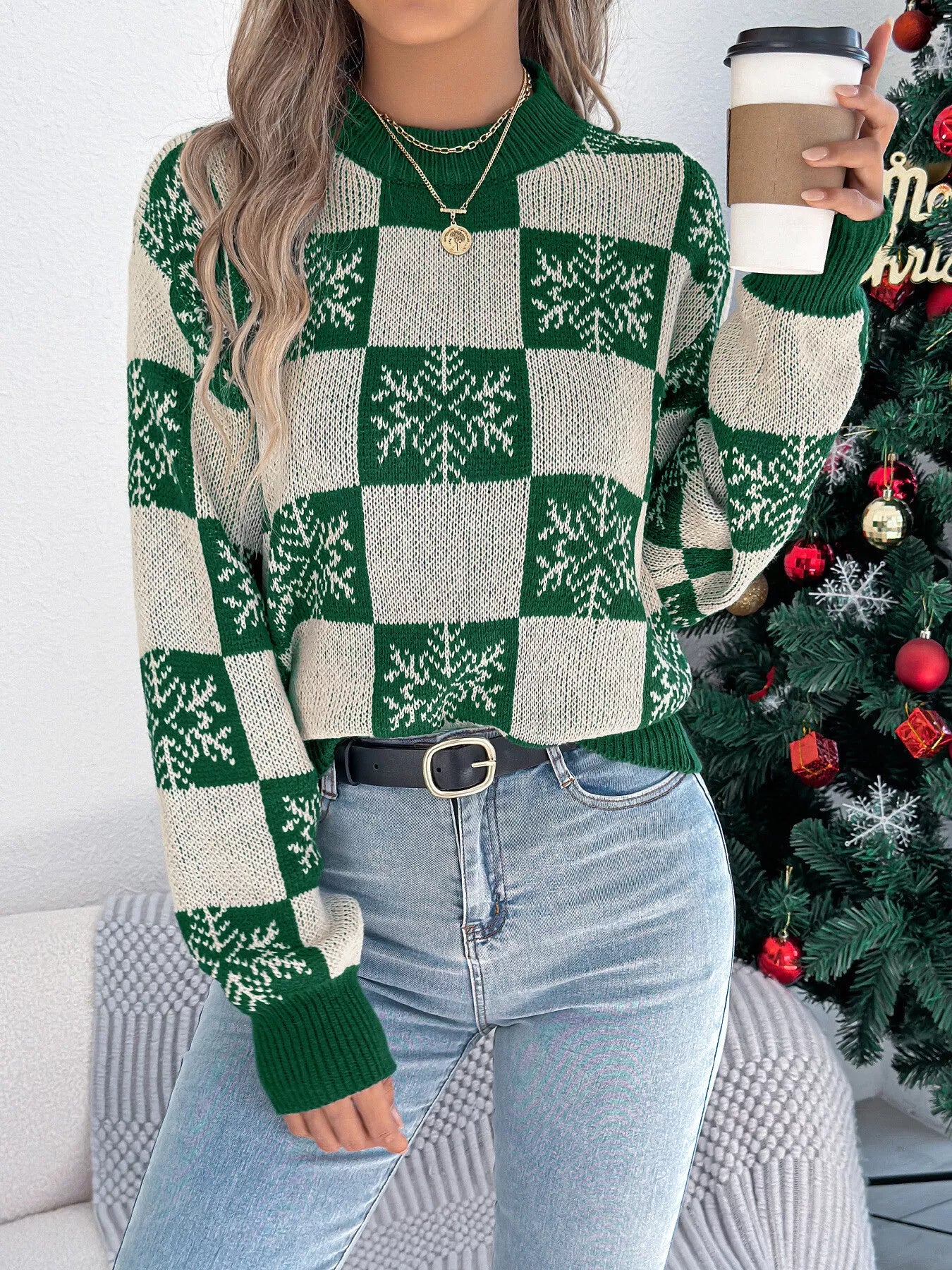 Christmas Snowflake Checkered Round Neck Sweater - Image 6