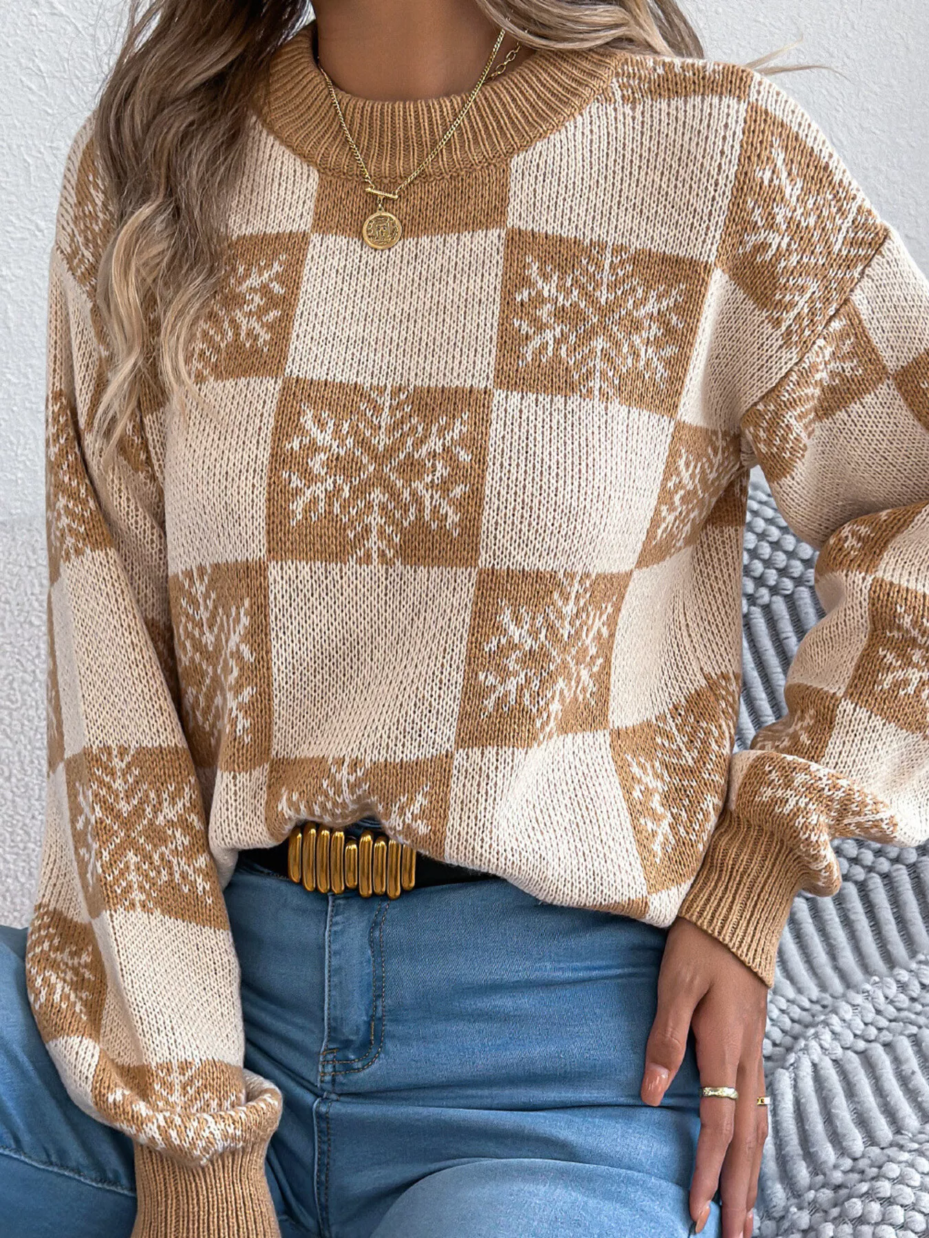 Christmas Snowflake Checkered Round Neck Sweater - Image 7