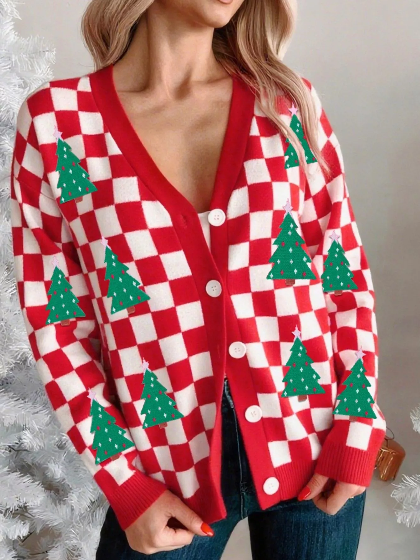 Christmas Tree Pattern Checkered Button V Neck Cardigan - Image 12