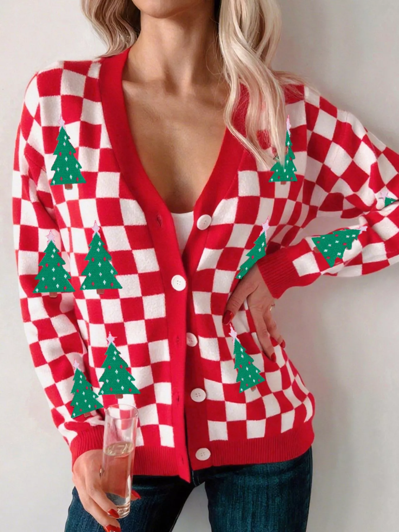 Christmas Tree Pattern Checkered Button V Neck Cardigan - Image 13