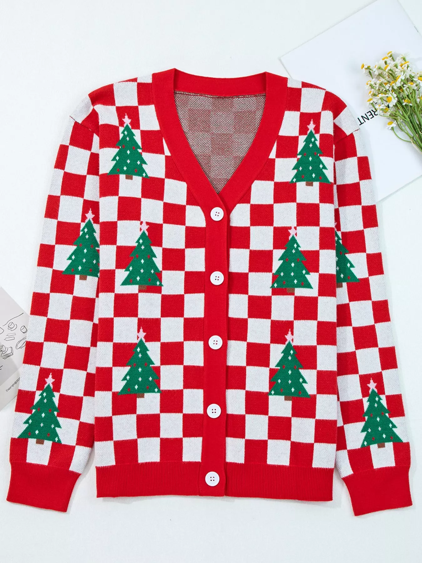 Christmas Tree Pattern Checkered Button V Neck Cardigan - Image 14