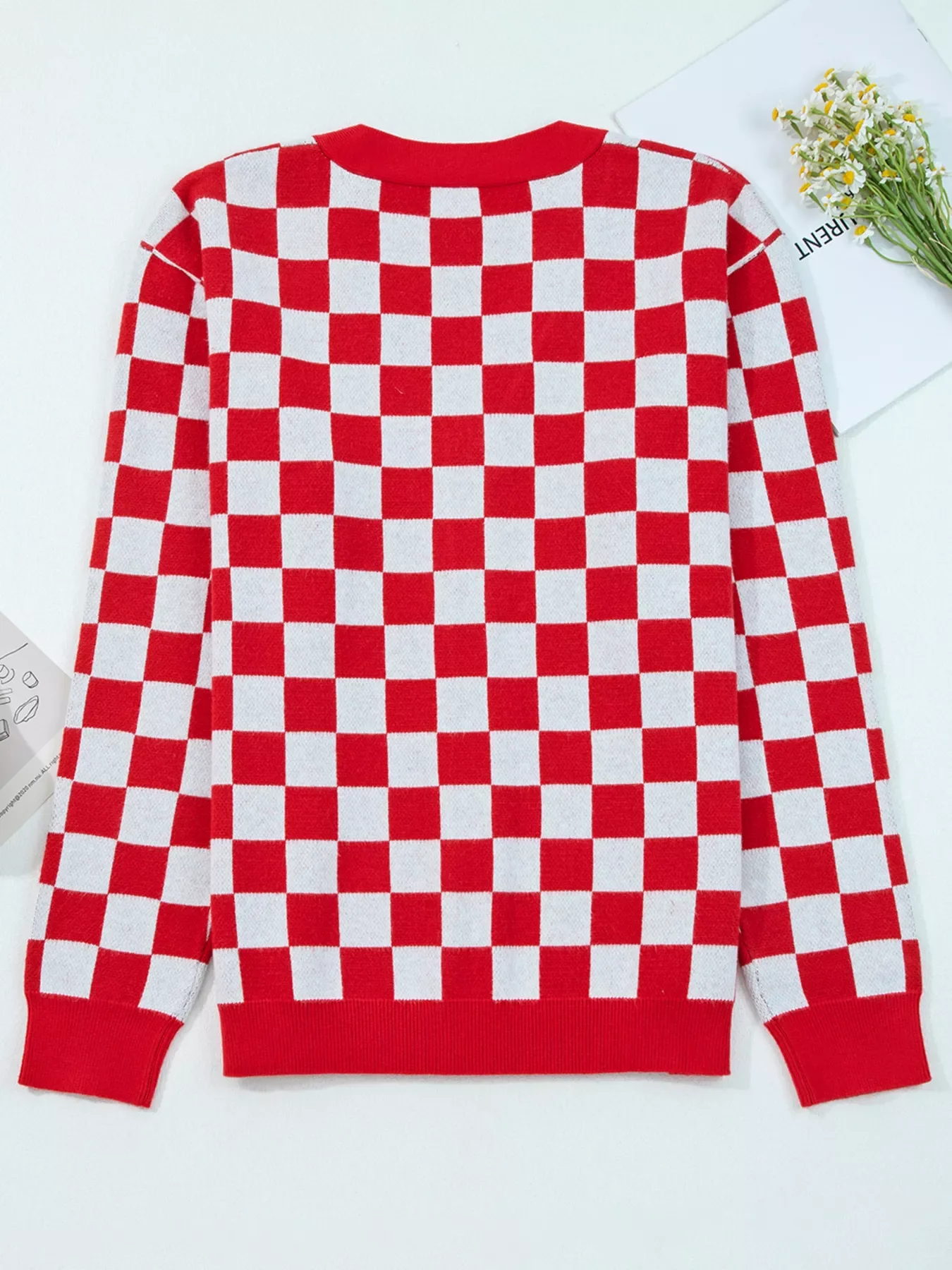 Christmas Tree Pattern Checkered Button V Neck Cardigan - Image 15