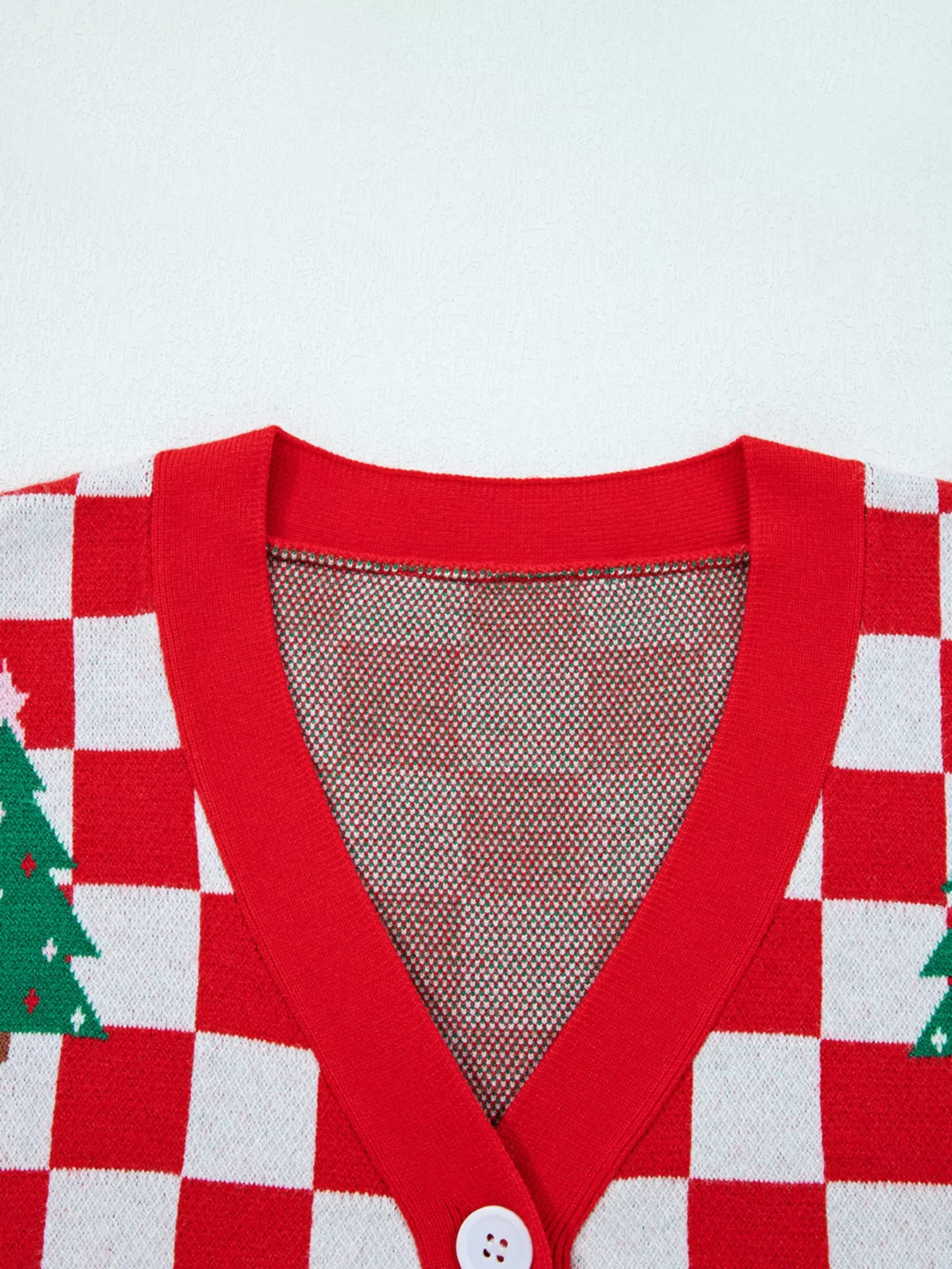 Christmas Tree Pattern Checkered Button V Neck Cardigan - Image 16