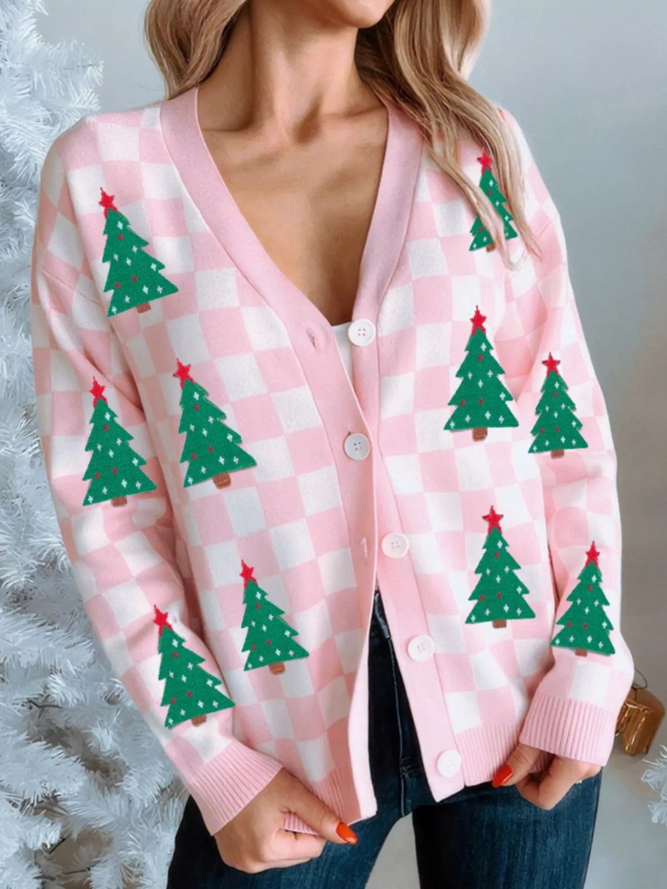 Christmas Tree Pattern Checkered Button V Neck Cardigan - Image 2