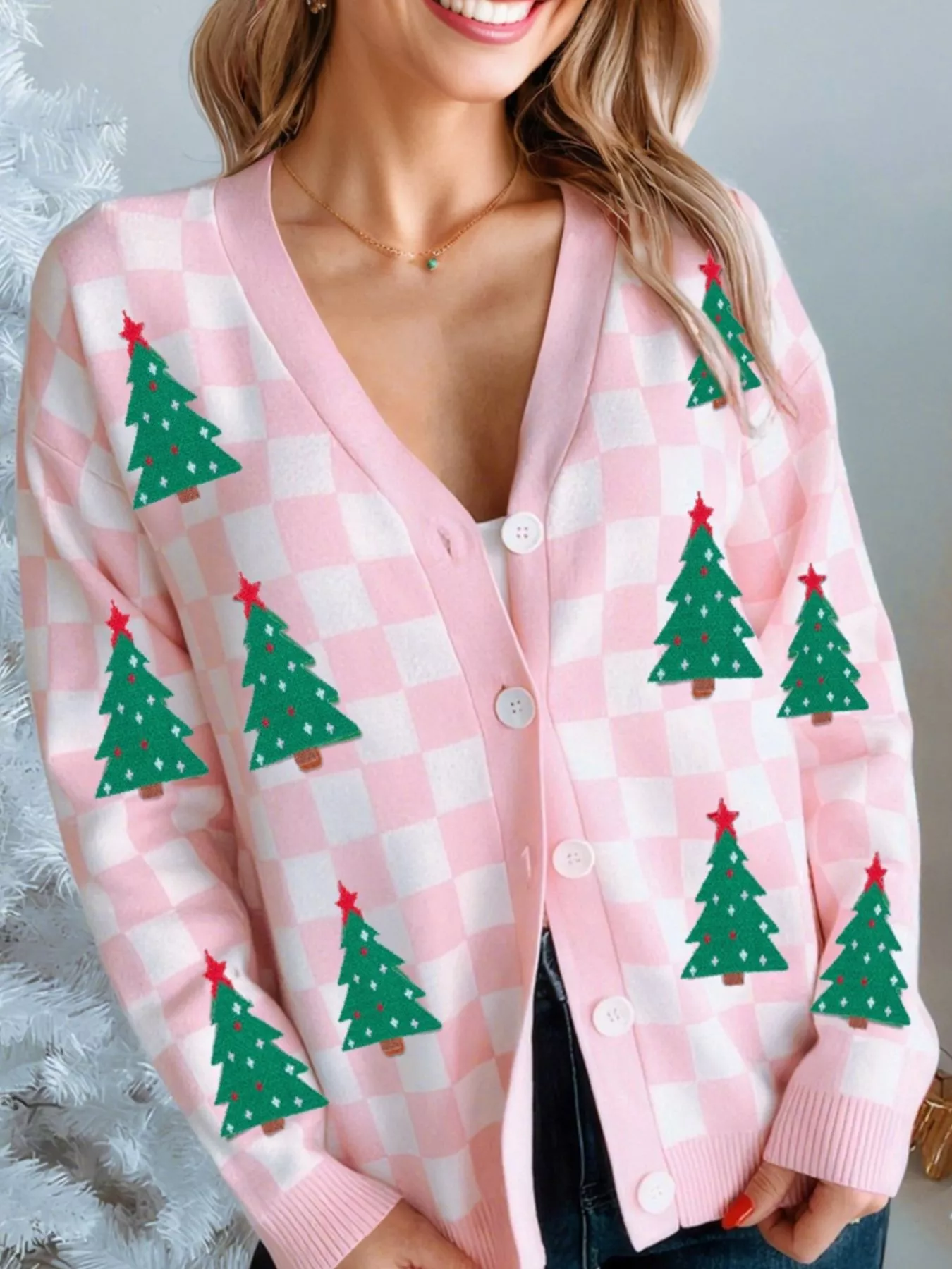 Christmas Tree Pattern Checkered Button V Neck Cardigan - Image 3