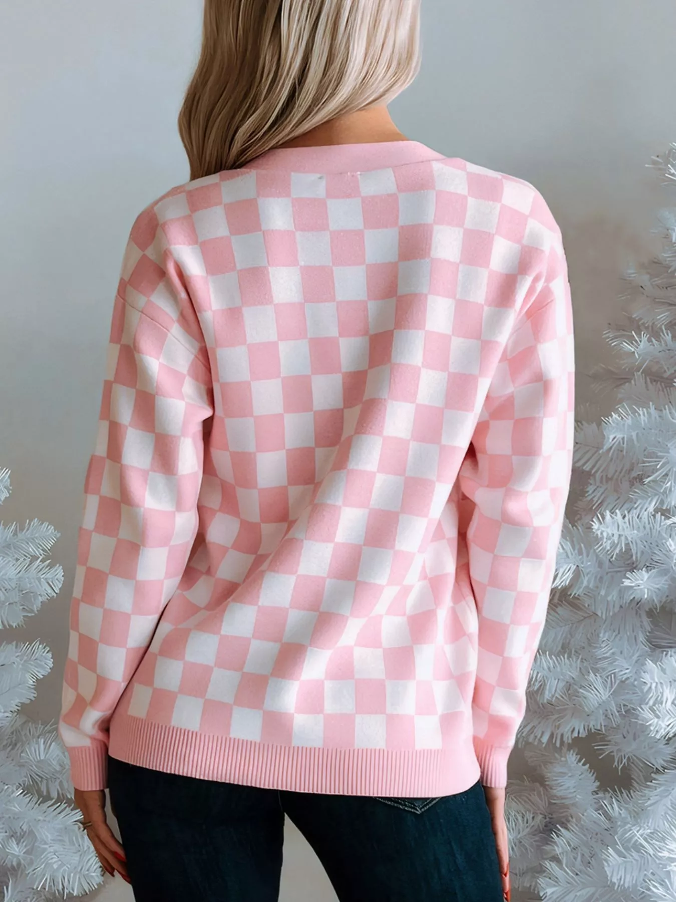 Christmas Tree Pattern Checkered Button V Neck Cardigan - Image 4