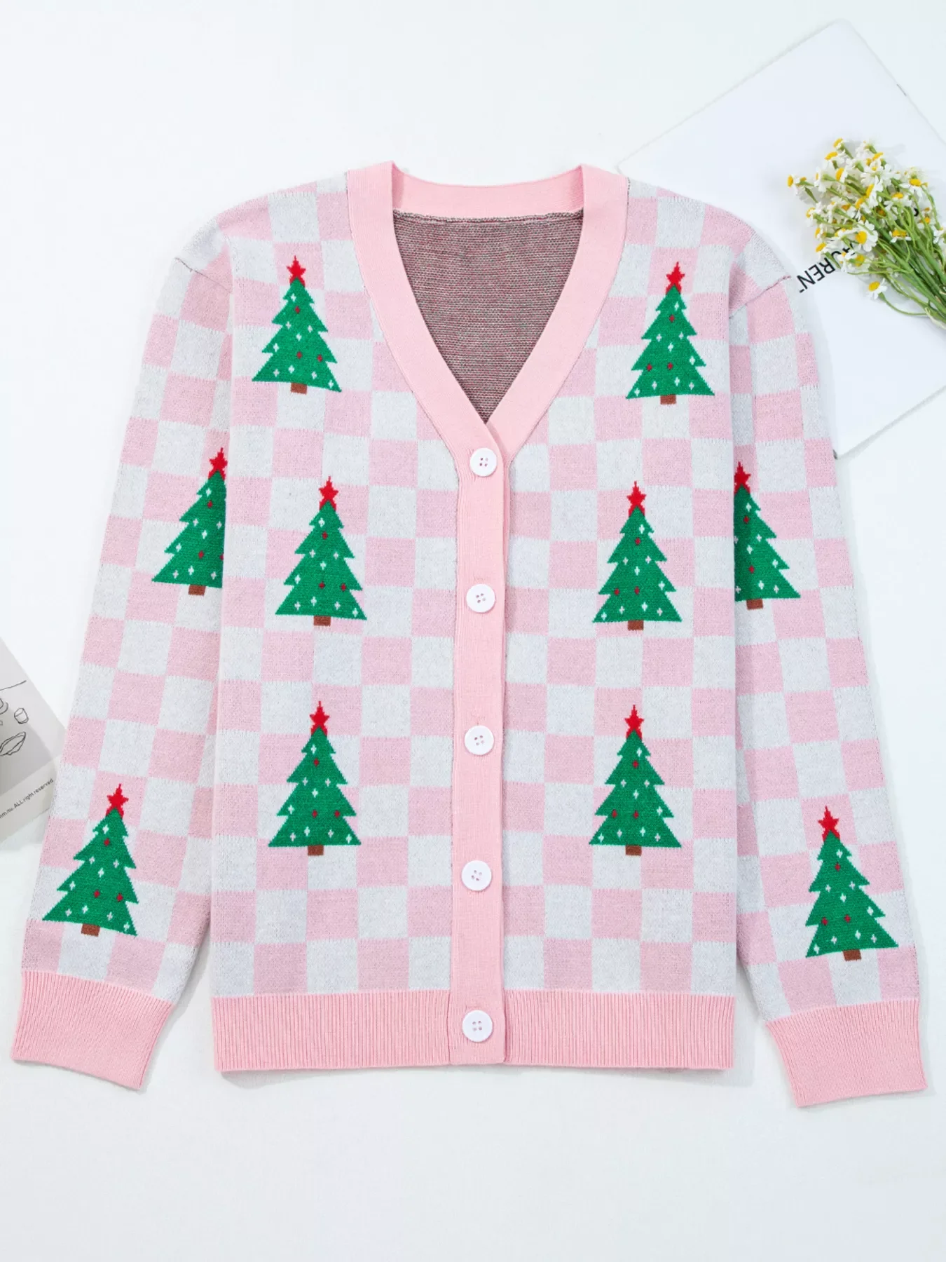 Christmas Tree Pattern Checkered Button V Neck Cardigan - Image 5