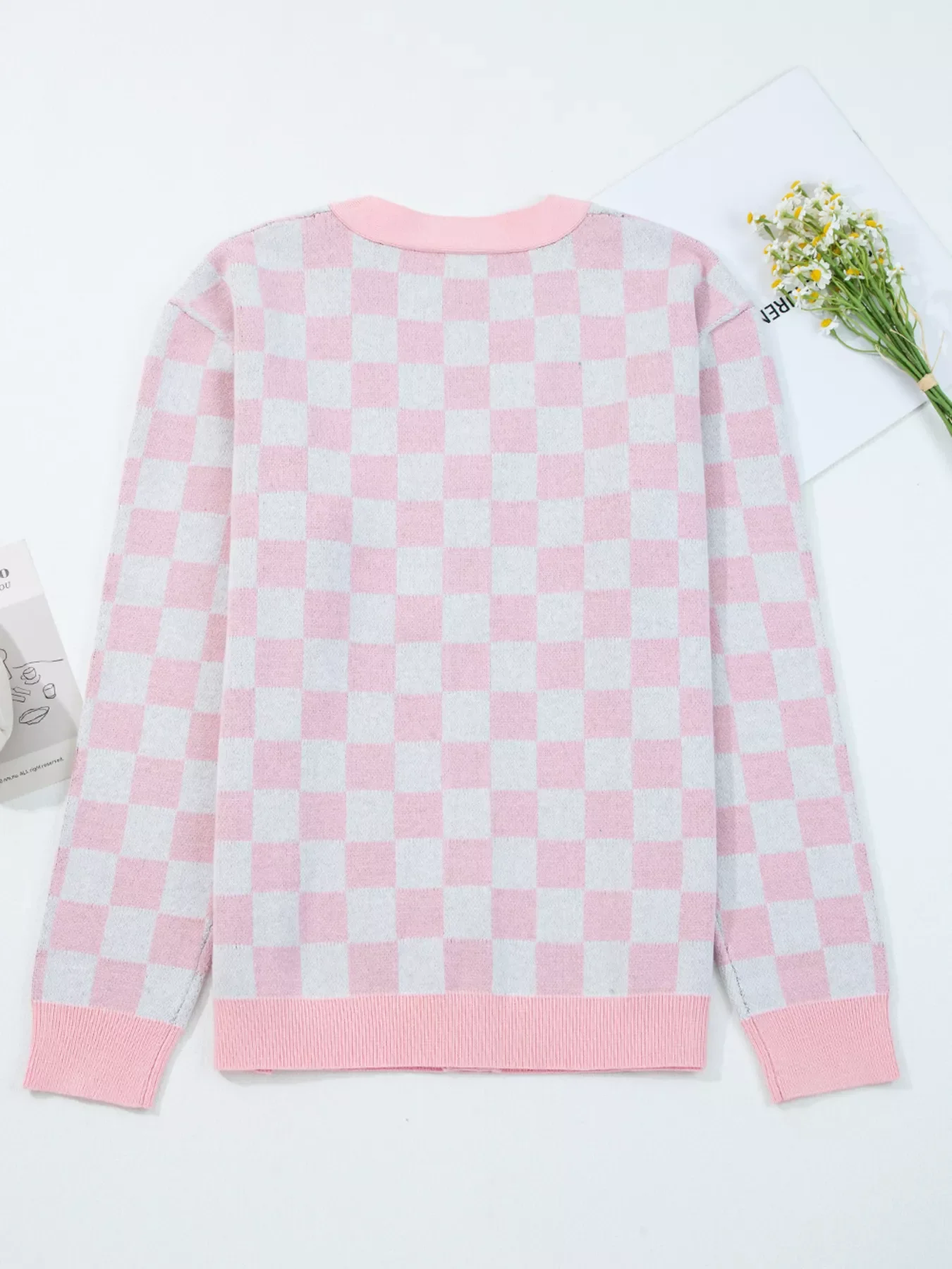 Christmas Tree Pattern Checkered Button V Neck Cardigan - Image 6