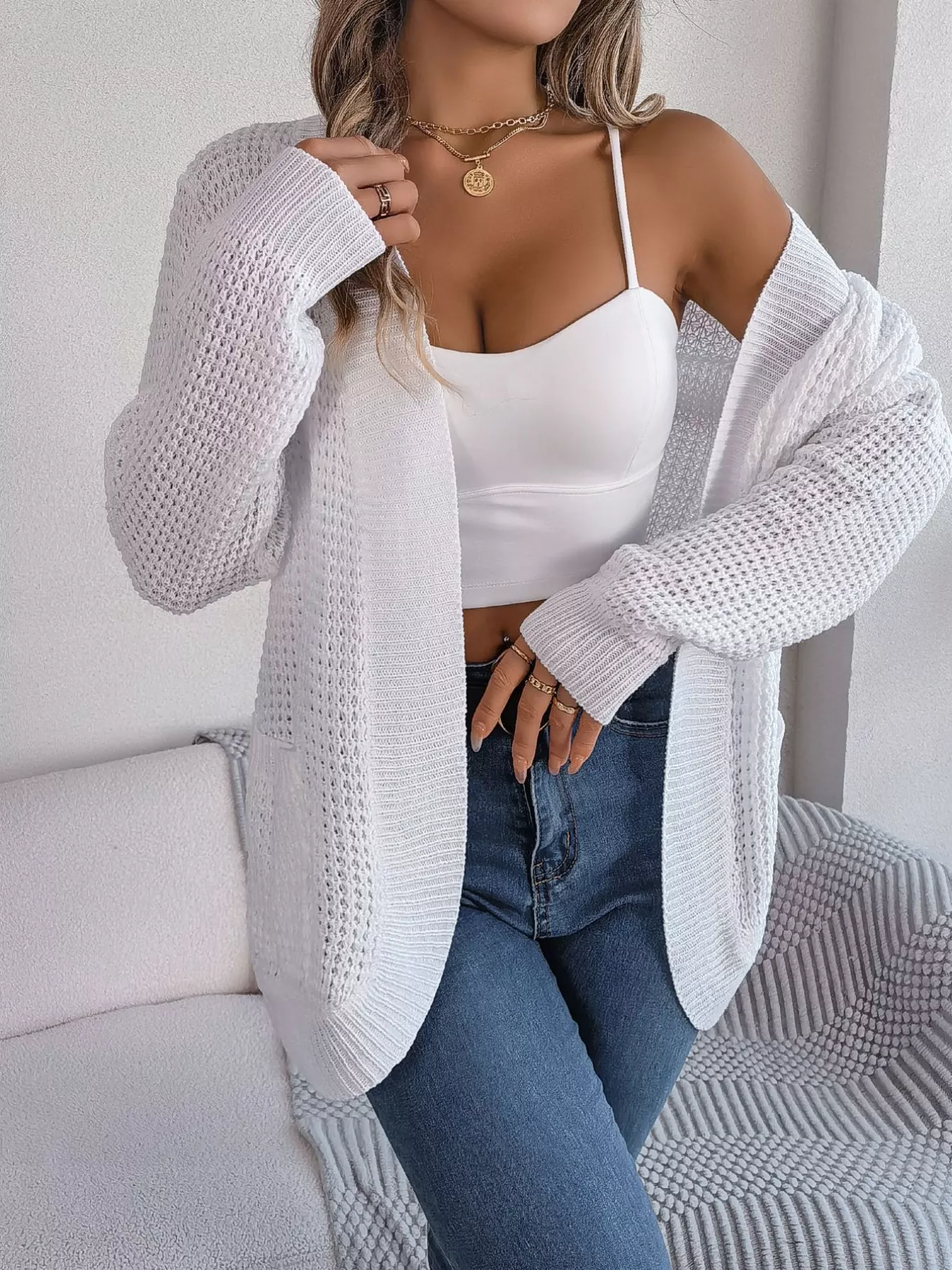 Chunky Knit Open Front Cardigan with Pockets - Image 10