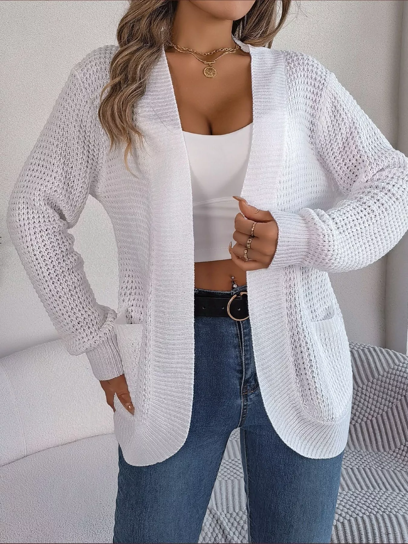 Chunky Knit Open Front Cardigan with Pockets - Image 11