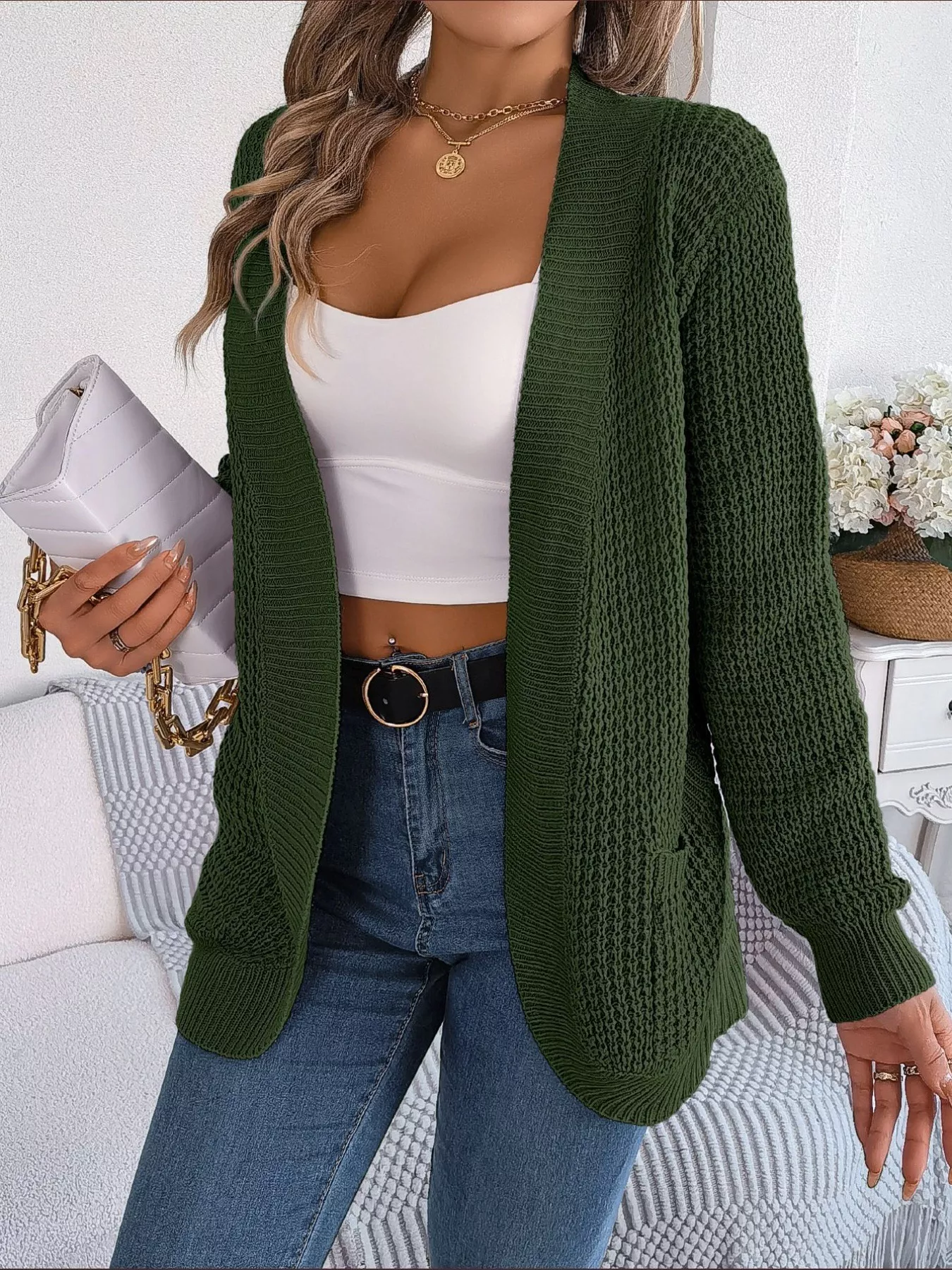 Chunky Knit Open Front Cardigan with Pockets - Image 13