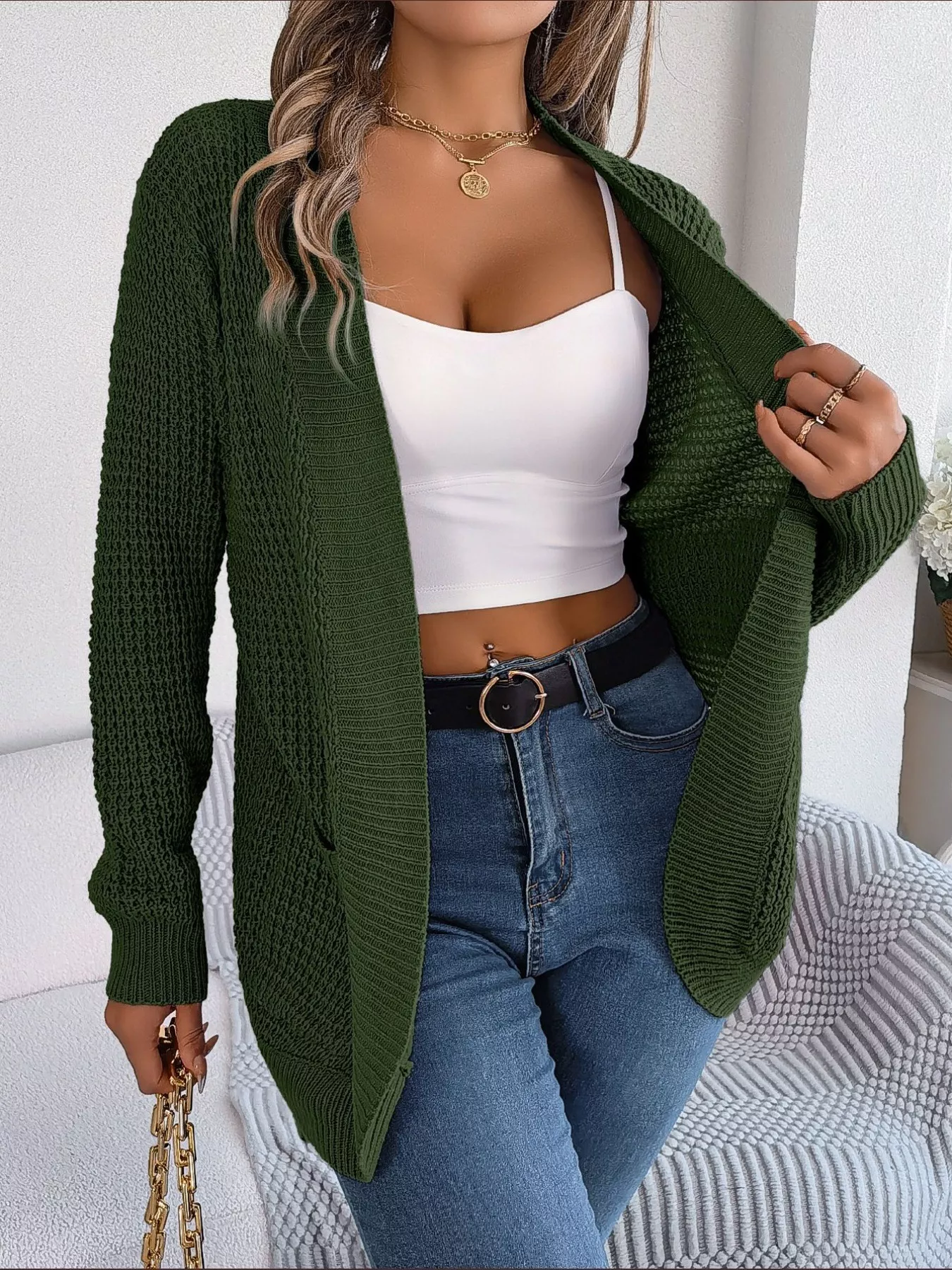 Chunky Knit Open Front Cardigan with Pockets - Image 16