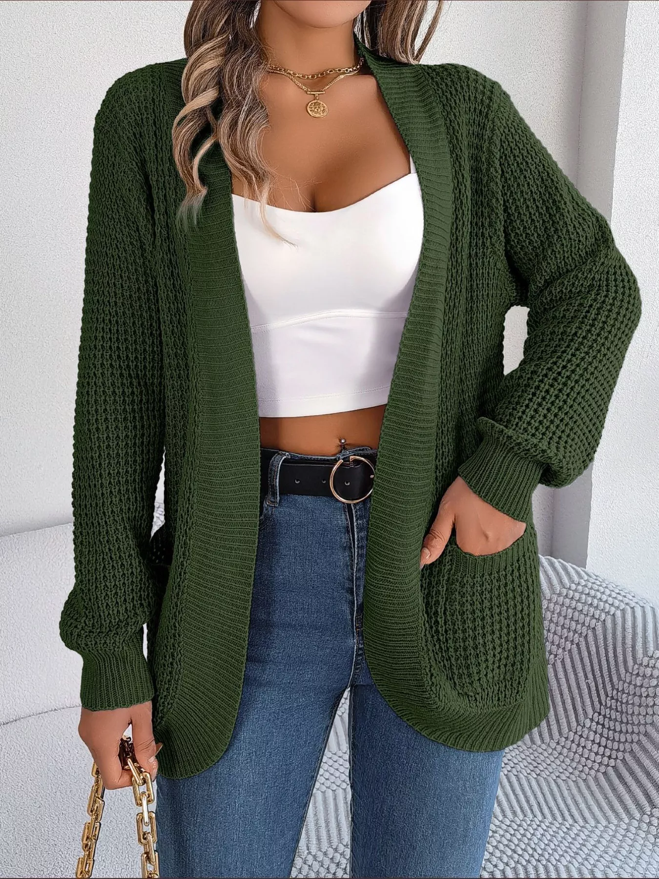 Chunky Knit Open Front Cardigan with Pockets - Image 18