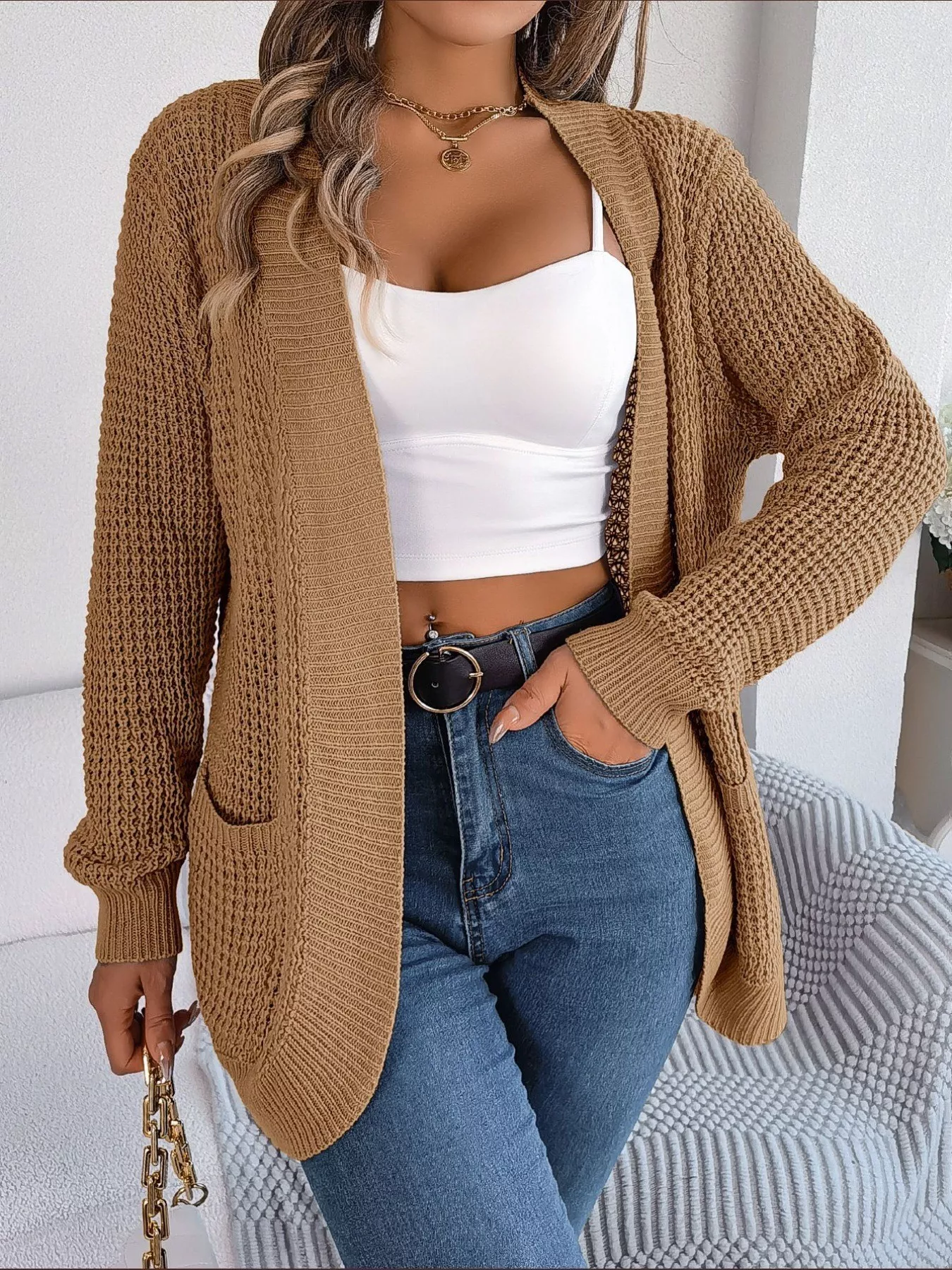 Chunky Knit Open Front Cardigan with Pockets - Image 19