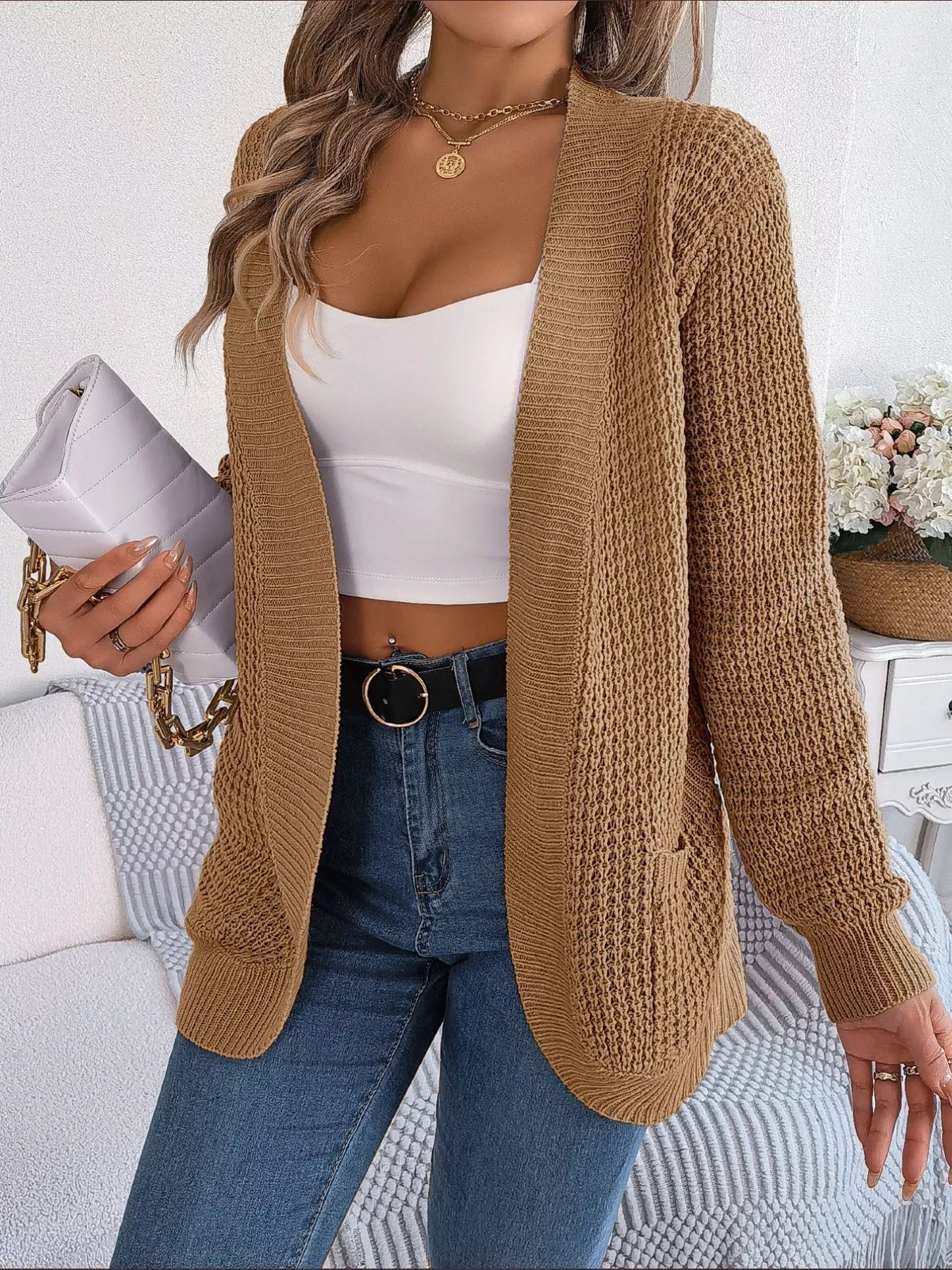 Chunky Knit Open Front Cardigan with Pockets - Image 21