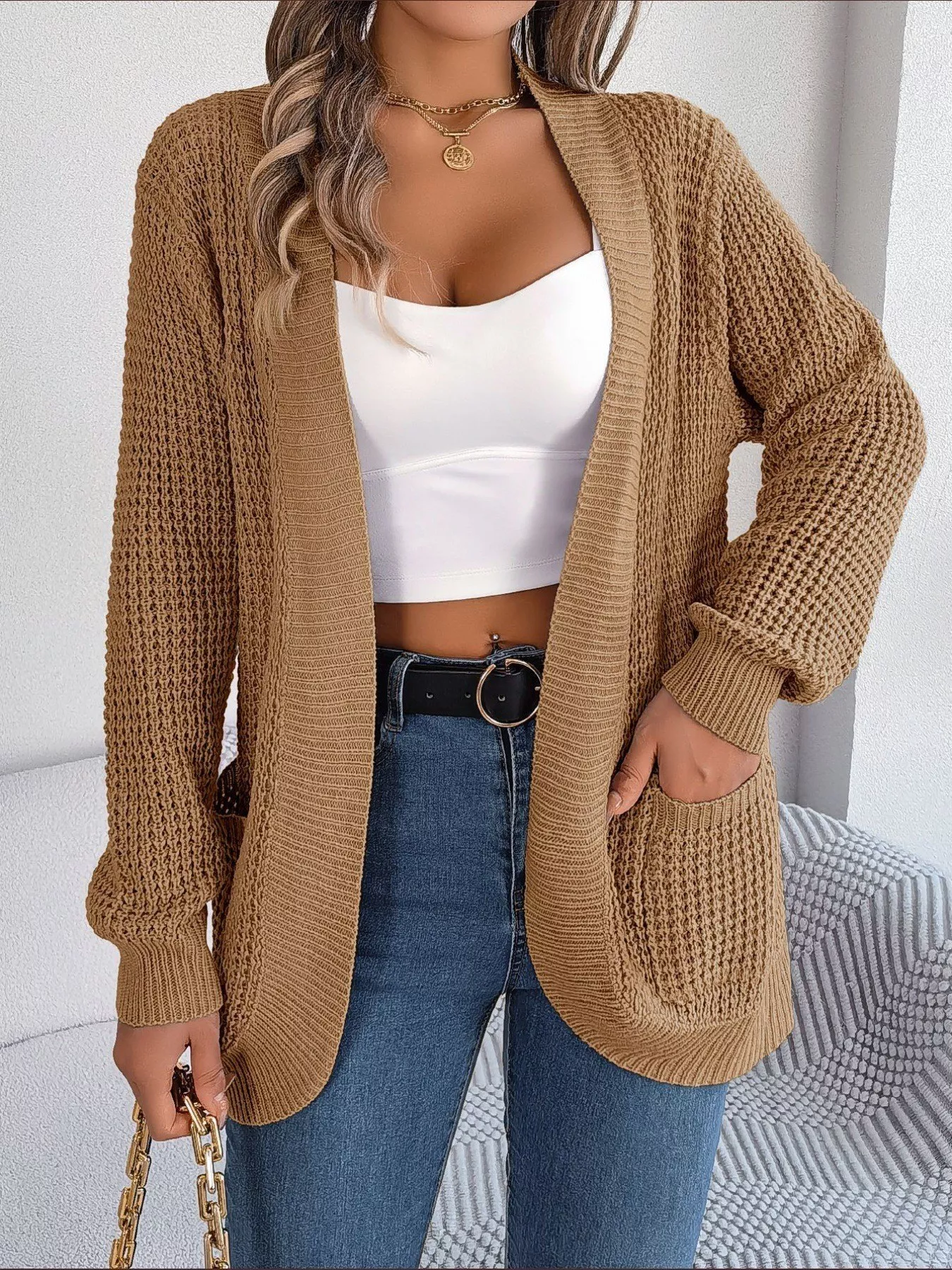 Chunky Knit Open Front Cardigan with Pockets - Image 22