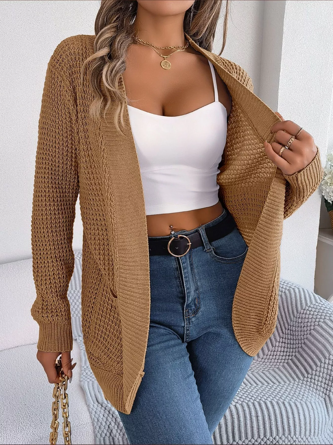 Chunky Knit Open Front Cardigan with Pockets - Image 23