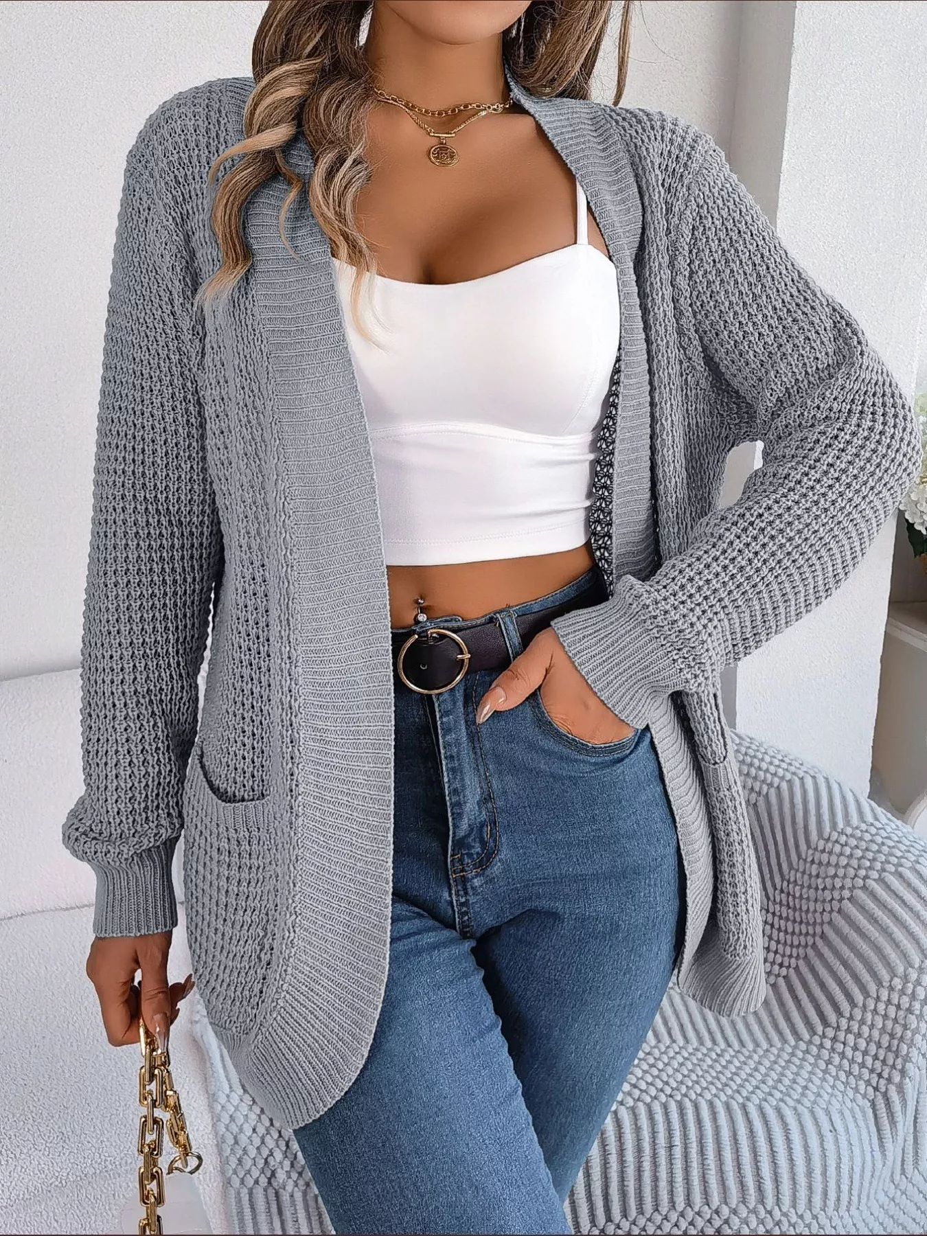 Chunky Knit Open Front Cardigan with Pockets - Image 25