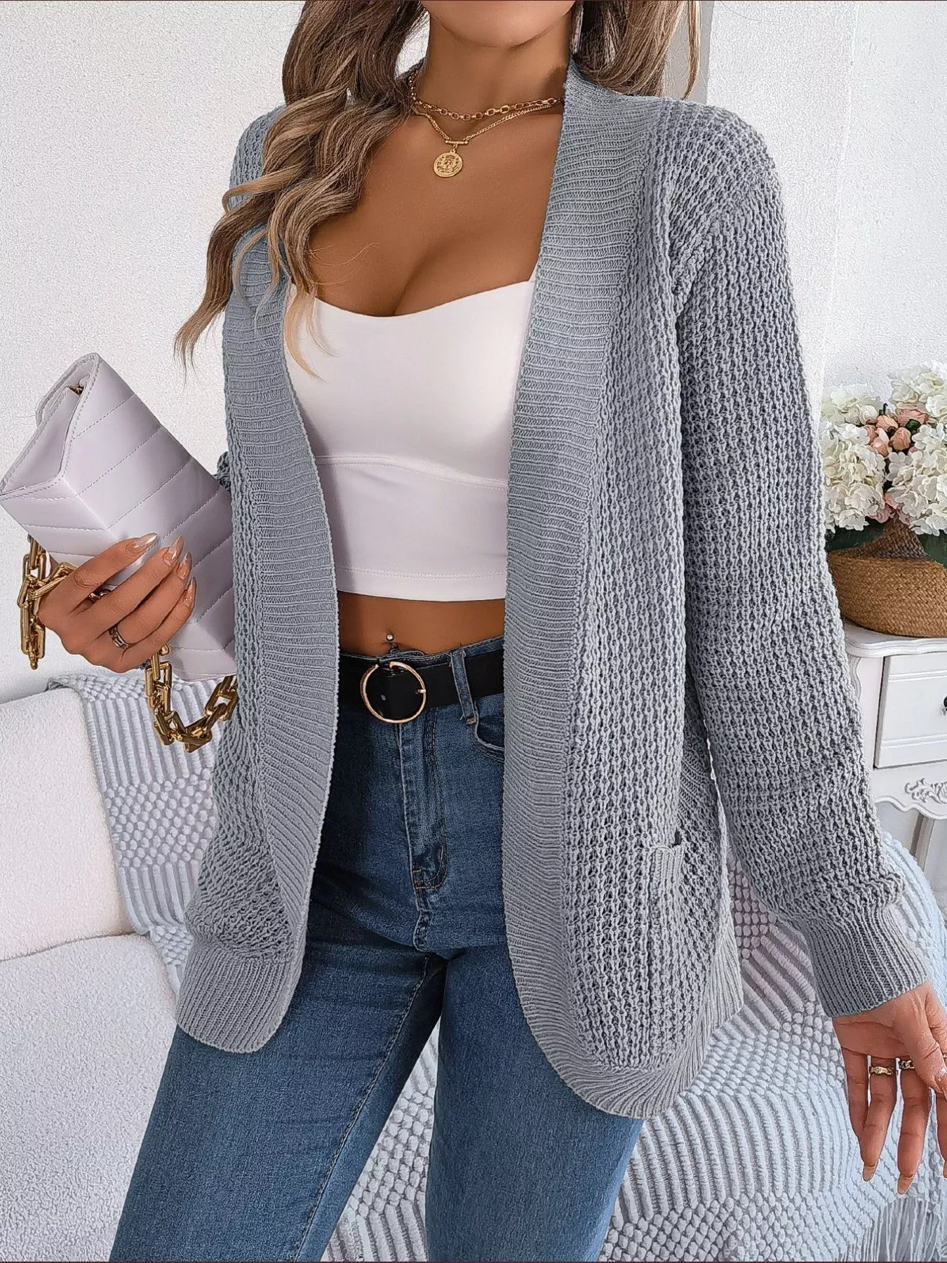Chunky Knit Open Front Cardigan with Pockets - Image 27
