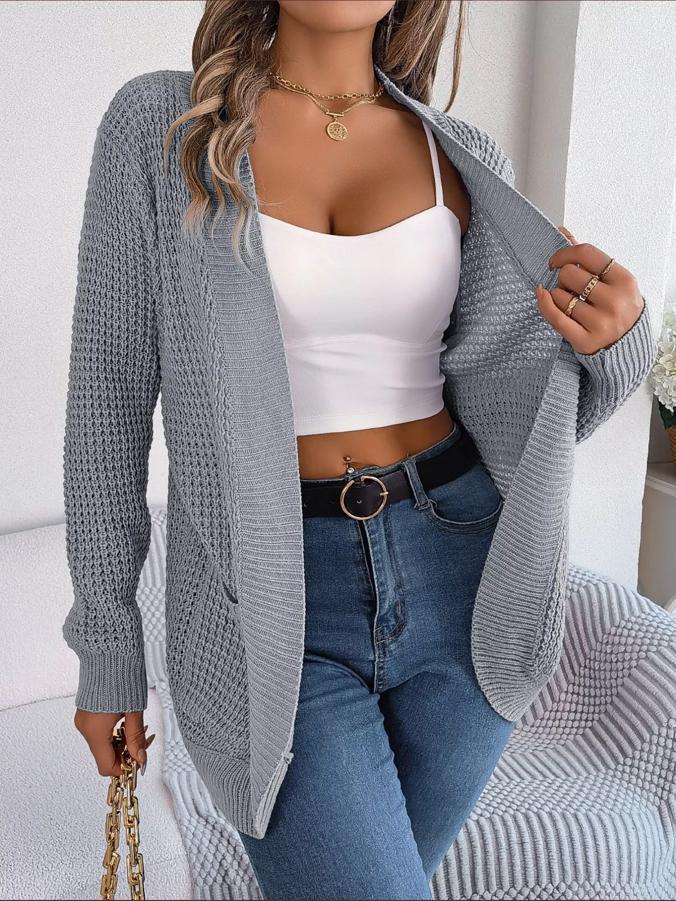 Chunky Knit Open Front Cardigan with Pockets - Image 28