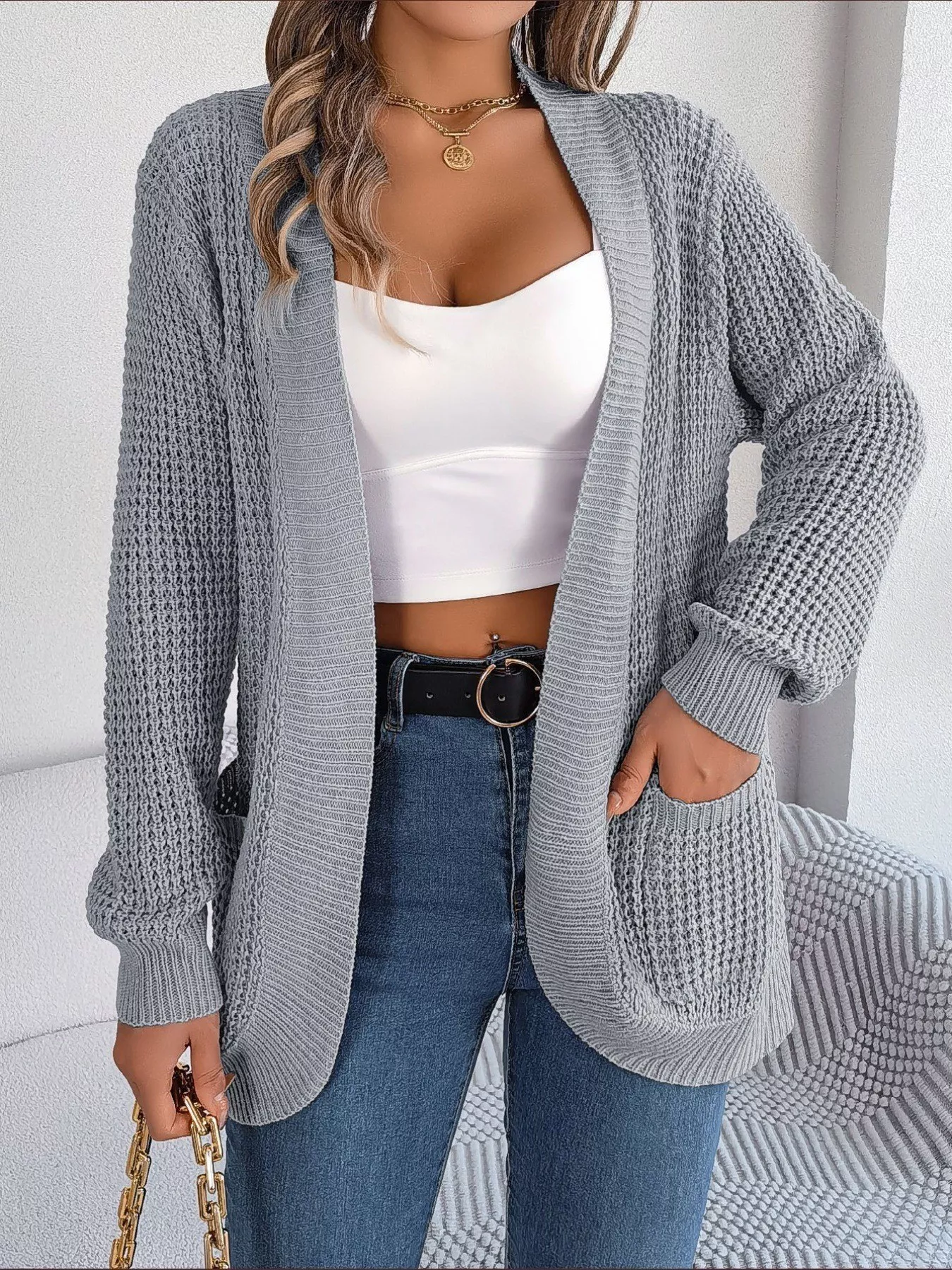 Chunky Knit Open Front Cardigan with Pockets - Image 29