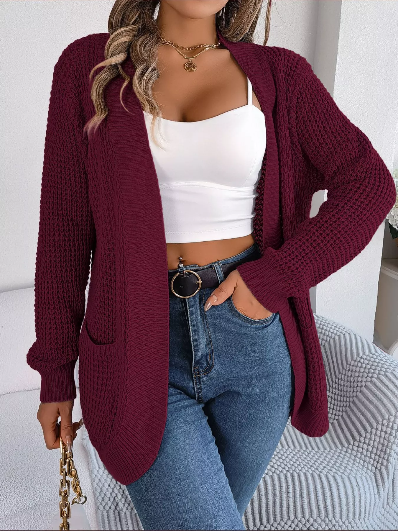 Chunky Knit Open Front Cardigan with Pockets - Image 3