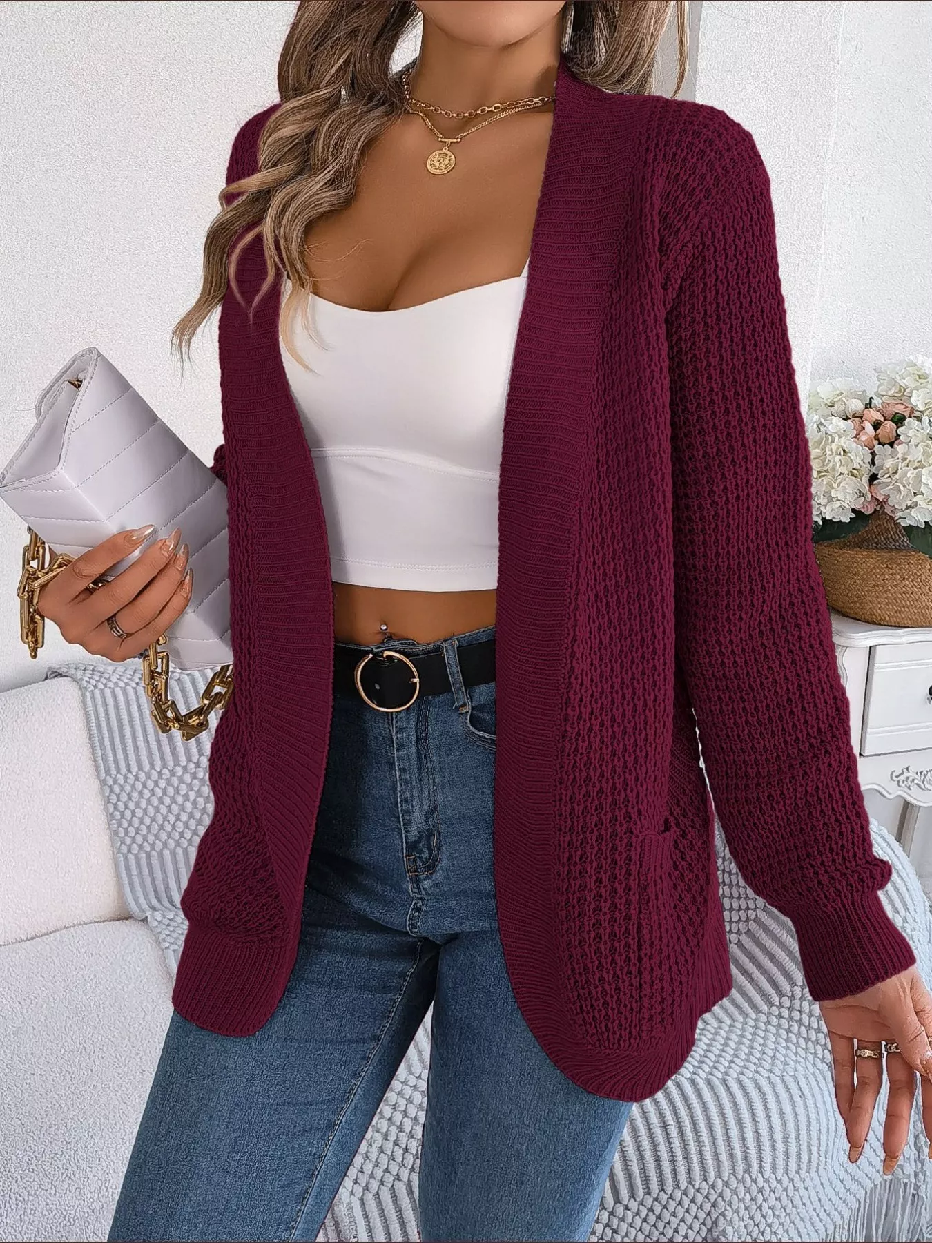 Chunky Knit Open Front Cardigan with Pockets - Image 4