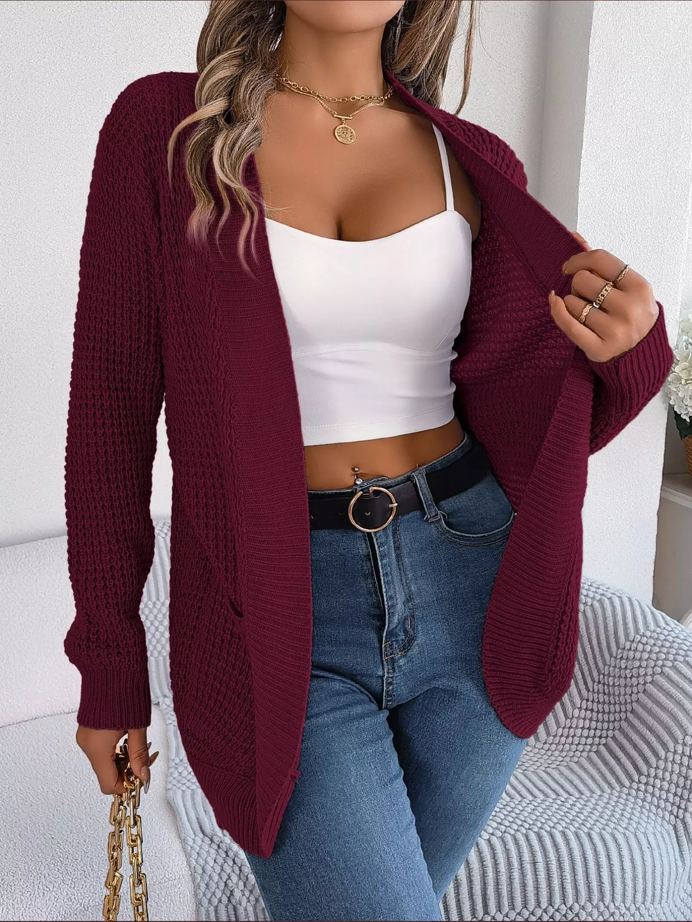Chunky Knit Open Front Cardigan with Pockets - Image 5
