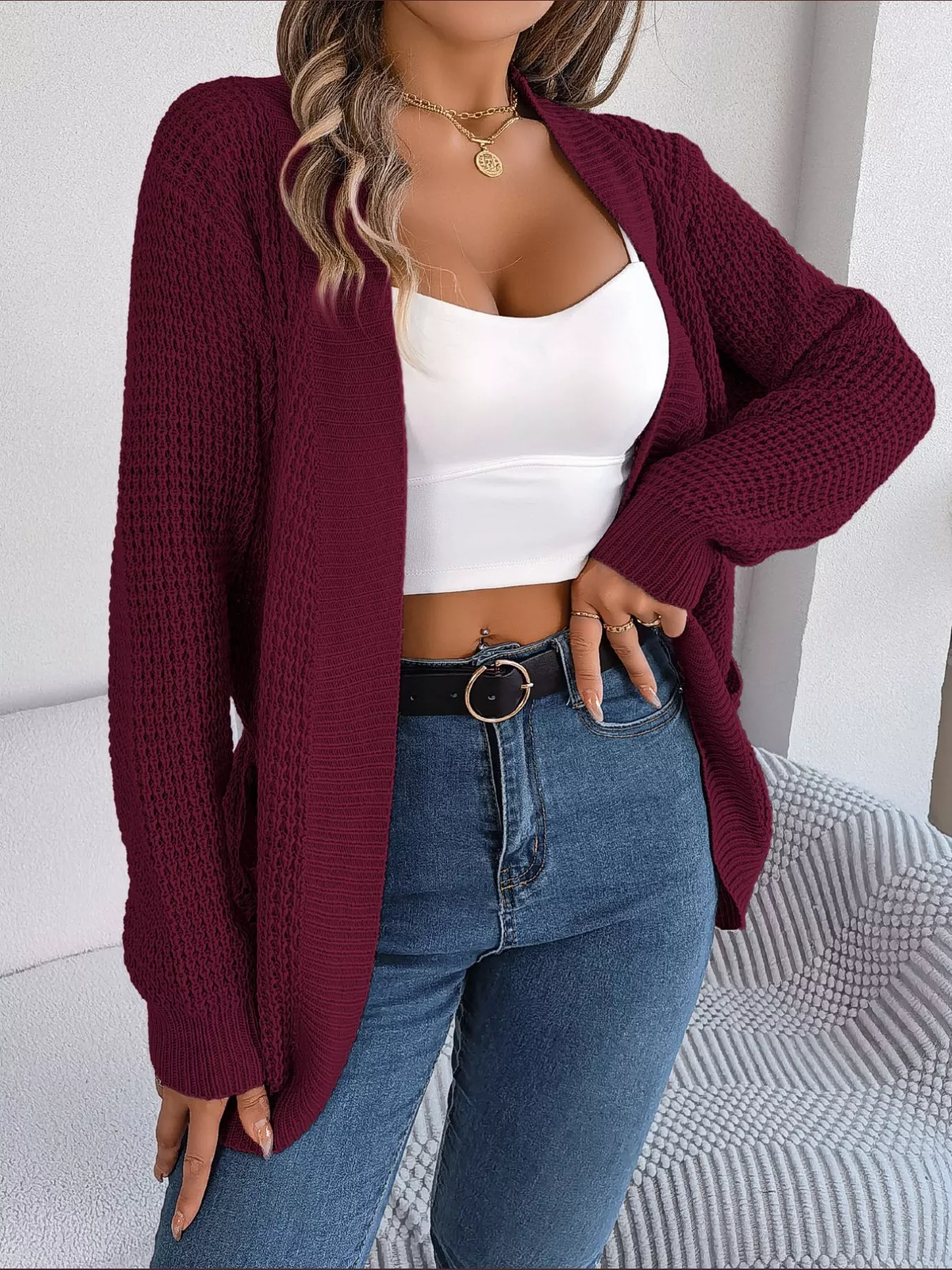 Chunky Knit Open Front Cardigan with Pockets - Image 6