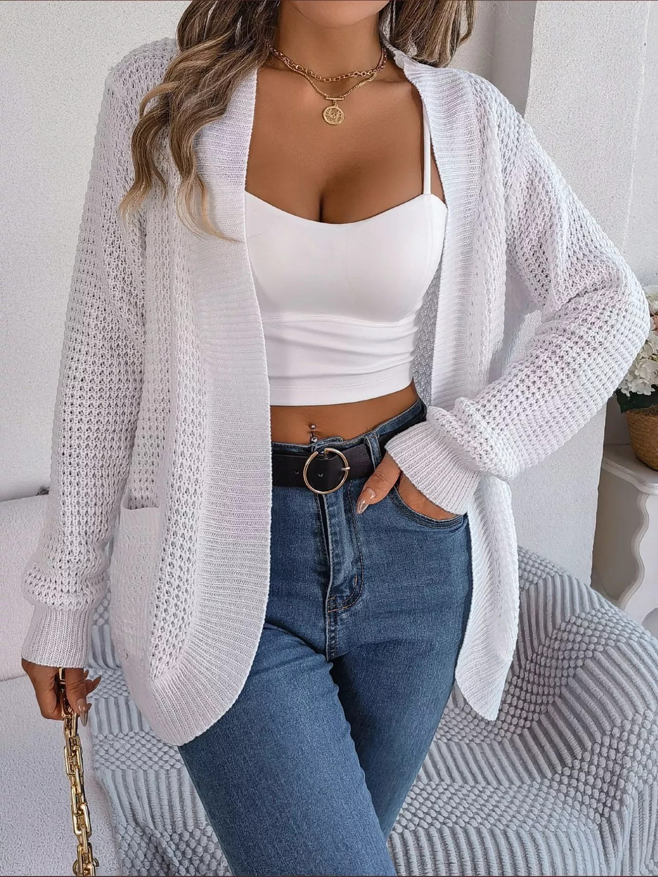Chunky Knit Open Front Cardigan with Pockets - Image 7